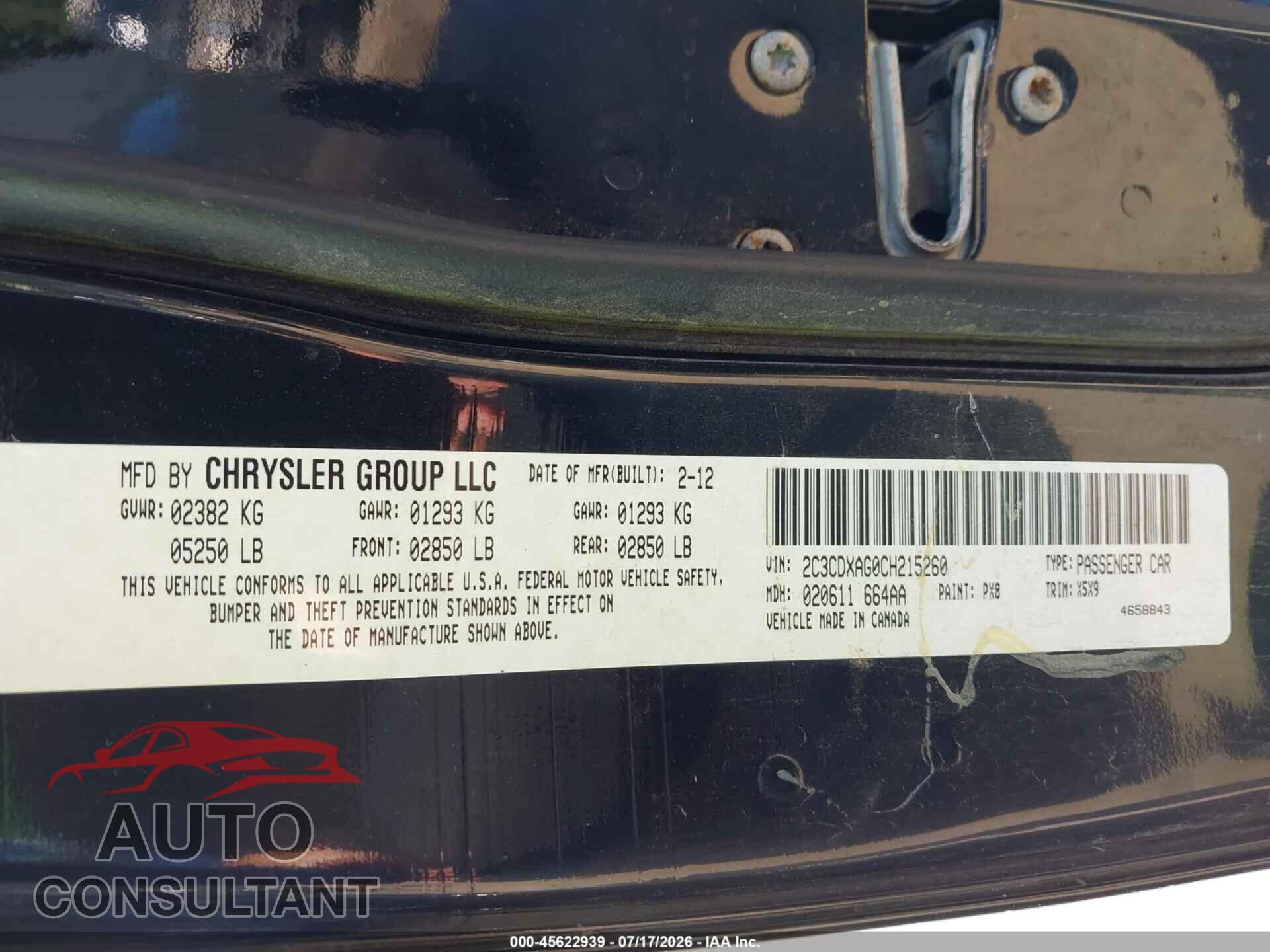 DODGE CHARGER 2012 - 2C3CDXAG0CH215260