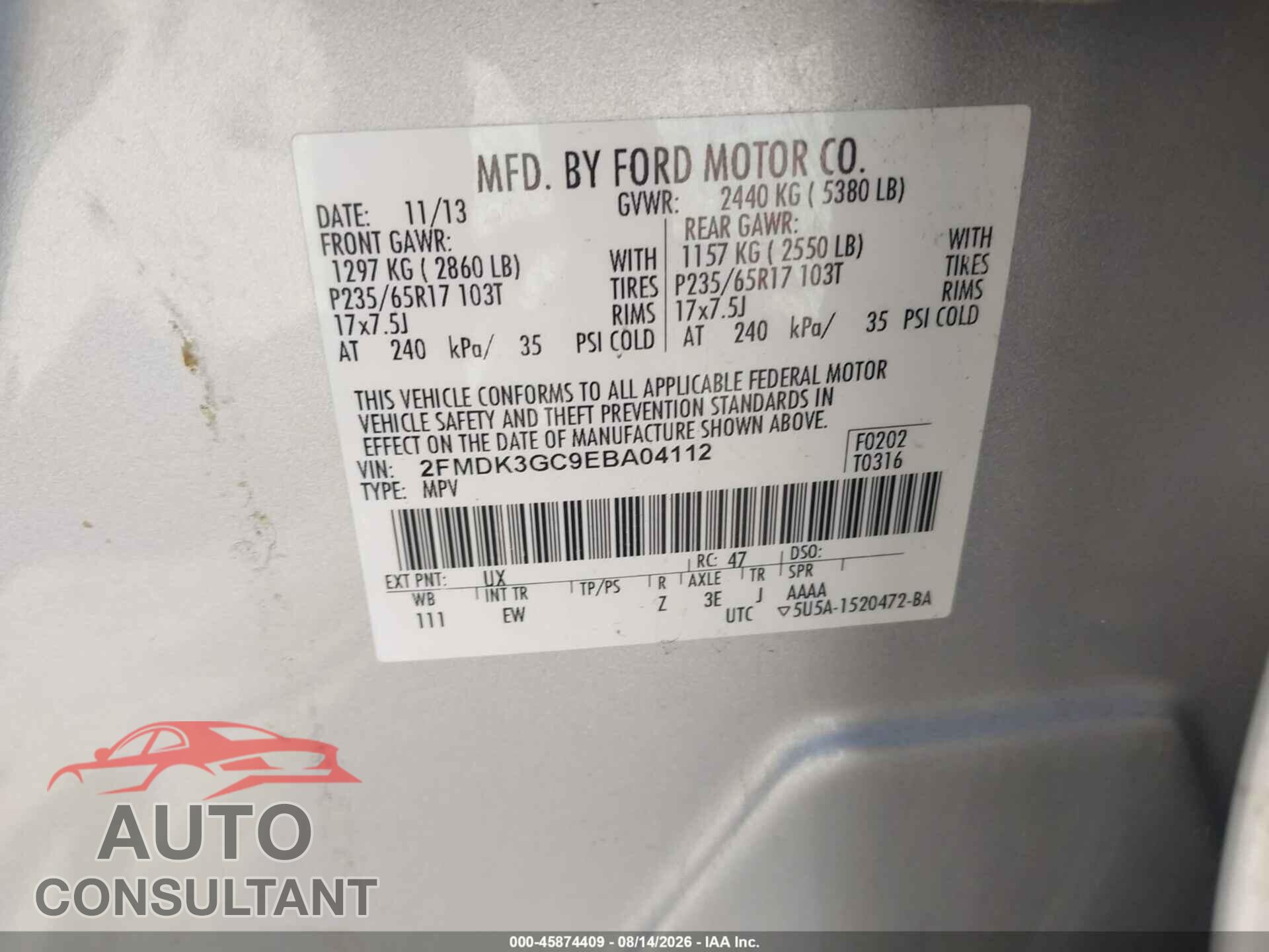 FORD EDGE 2014 - 2FMDK3GC9EBA04112