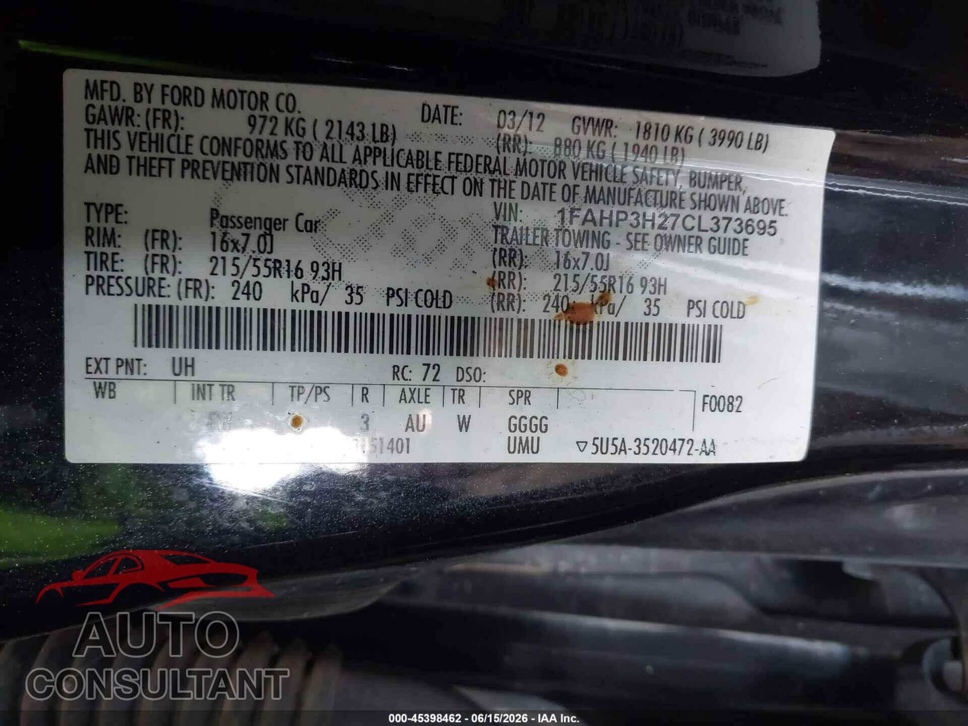 FORD FOCUS 2012 - 1FAHP3H27CL373695