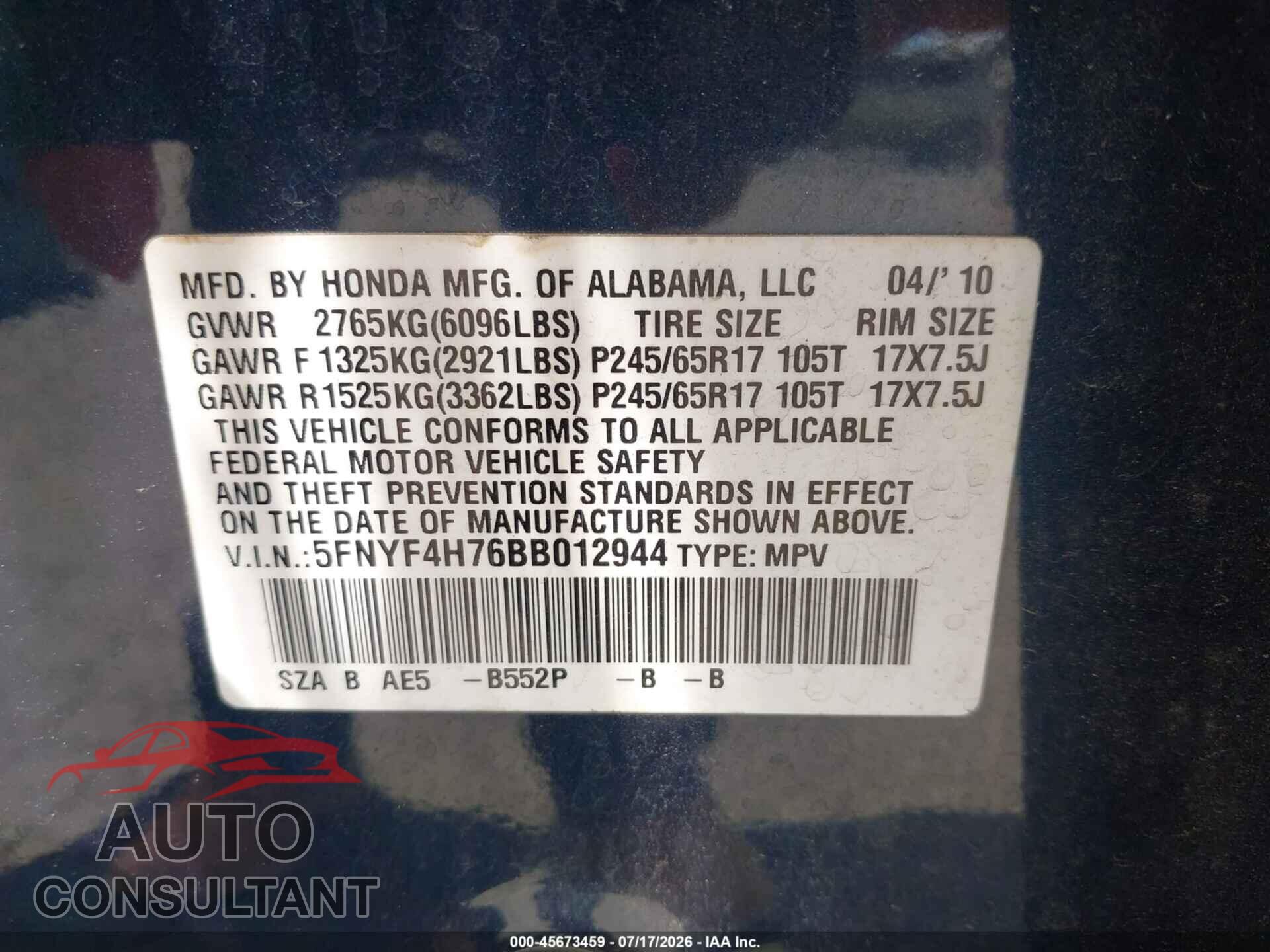 HONDA PILOT 2011 - 5FNYF4H76BB012944