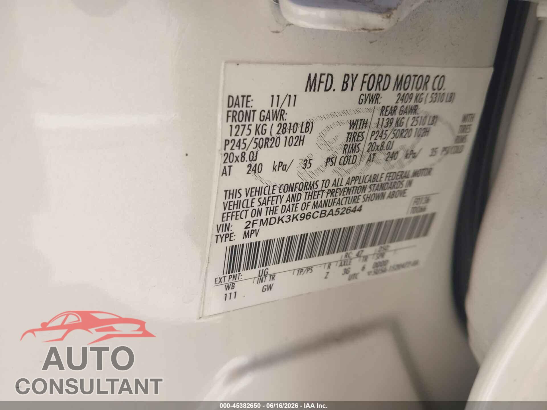 FORD EDGE 2012 - 2FMDK3K96CBA52644