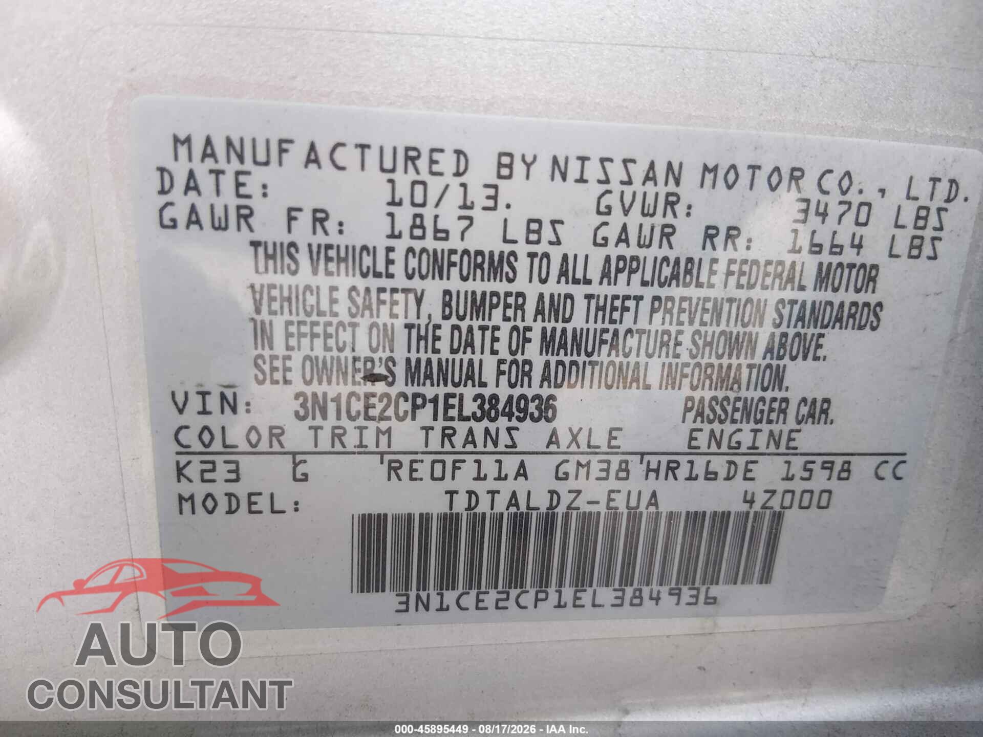 NISSAN VERSA NOTE 2014 - 3N1CE2CP1EL384936