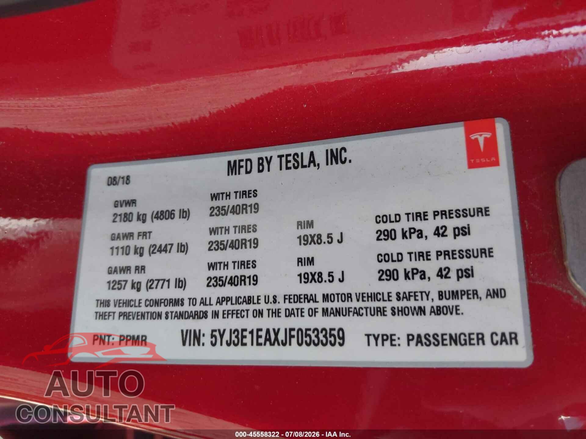 TESLA MODEL 3 2018 - 5YJ3E1EAXJF053359