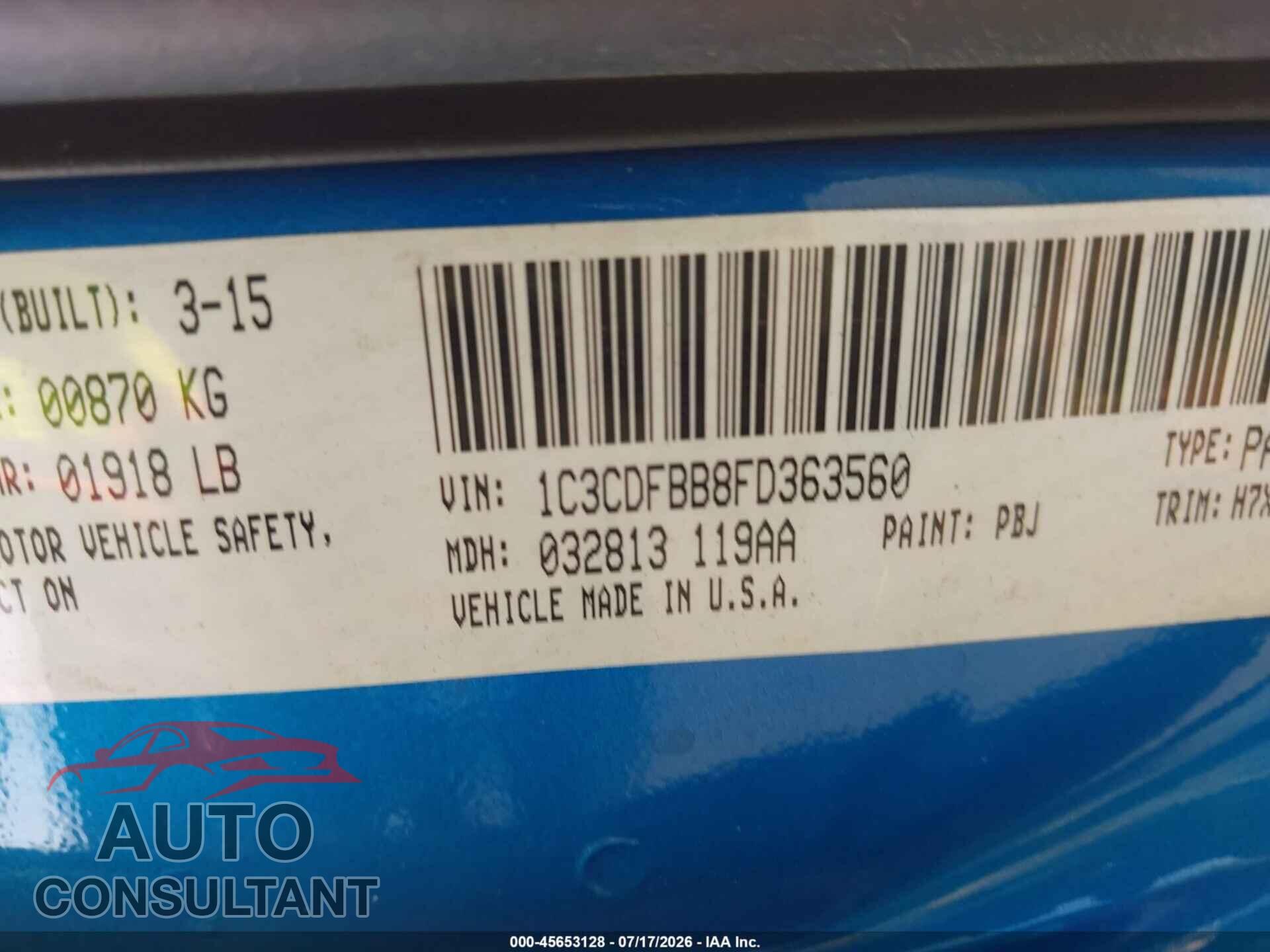 DODGE DART 2015 - 1C3CDFBB8FD363560