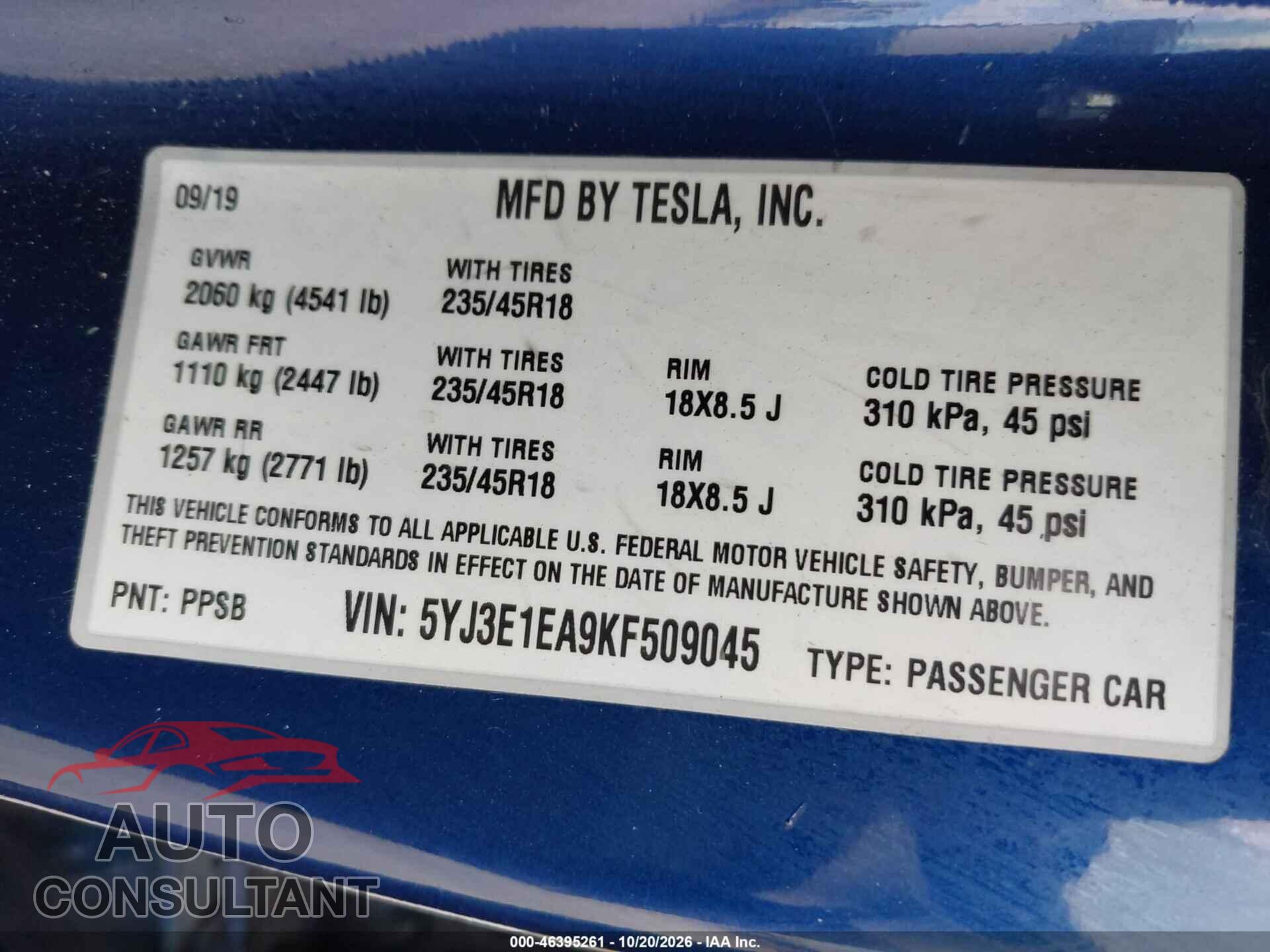 TESLA MODEL 3 2019 - 5YJ3E1EA9KF509045