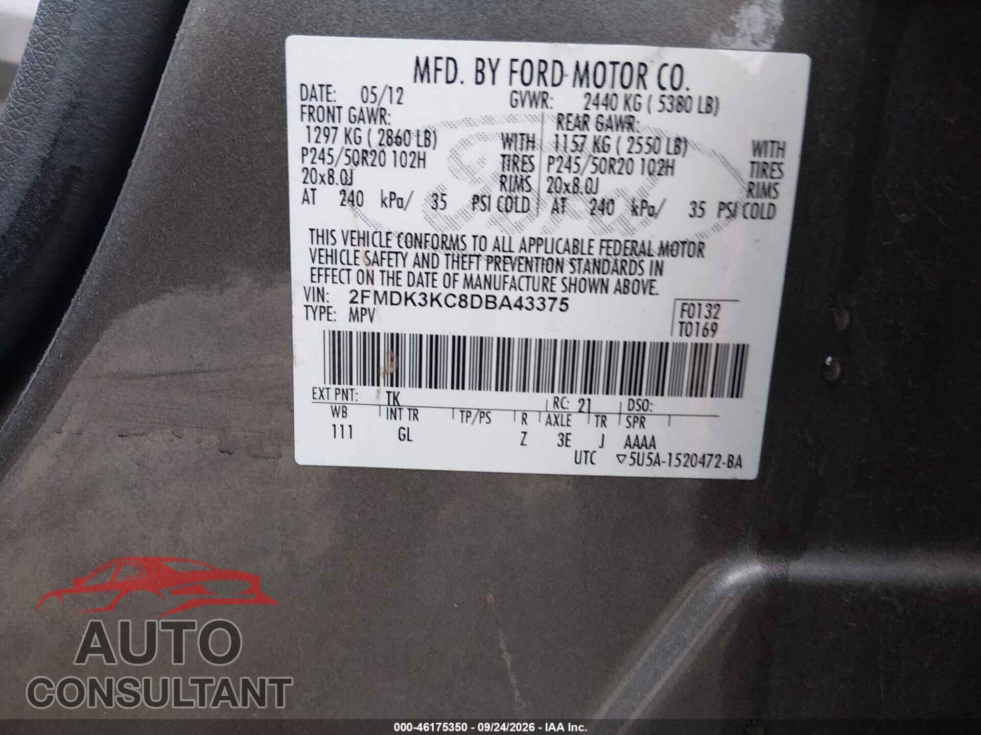 FORD EDGE 2013 - 2FMDK3KC8DBA43375