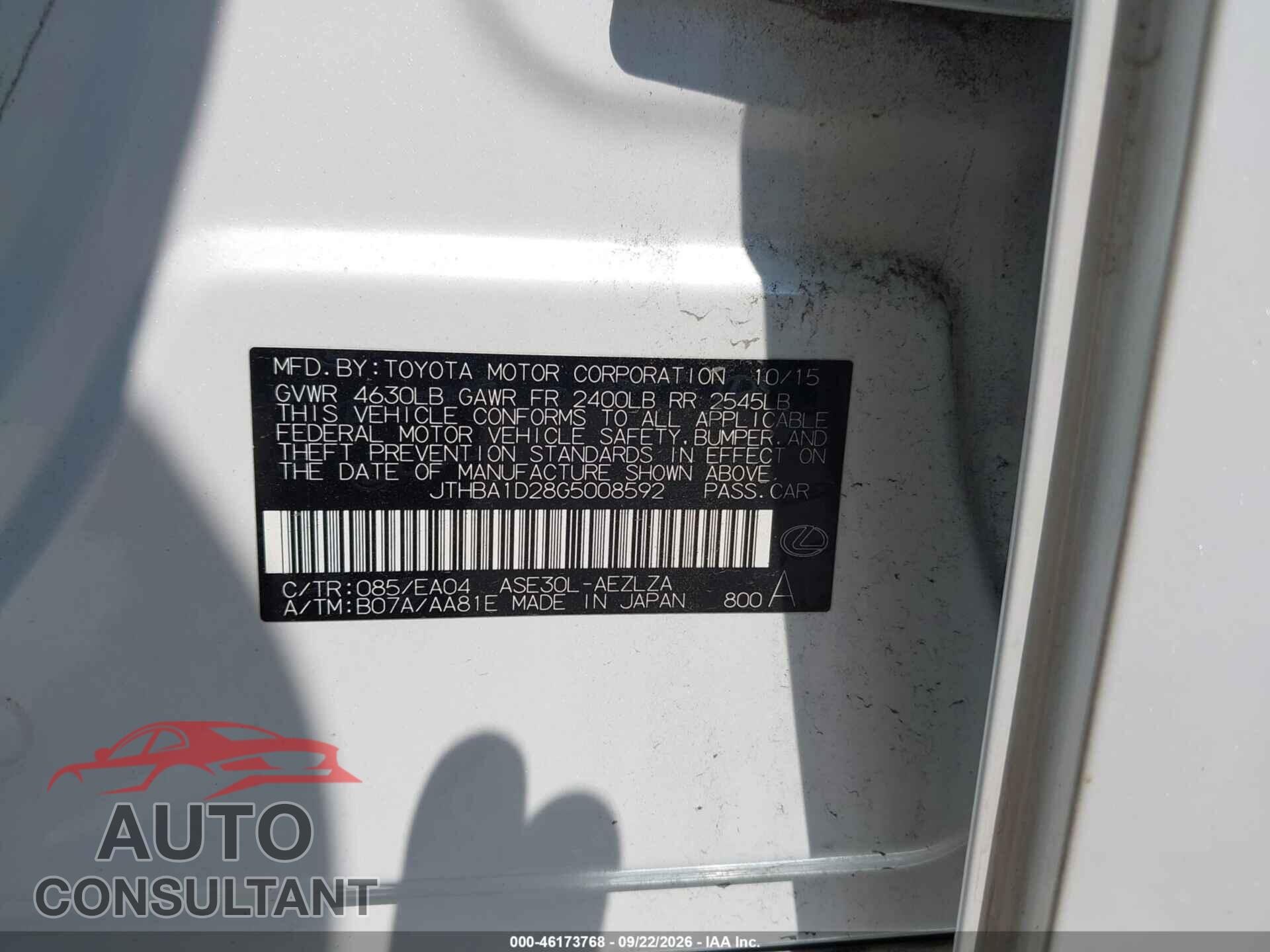 LEXUS IS 2016 - JTHBA1D28G5008592