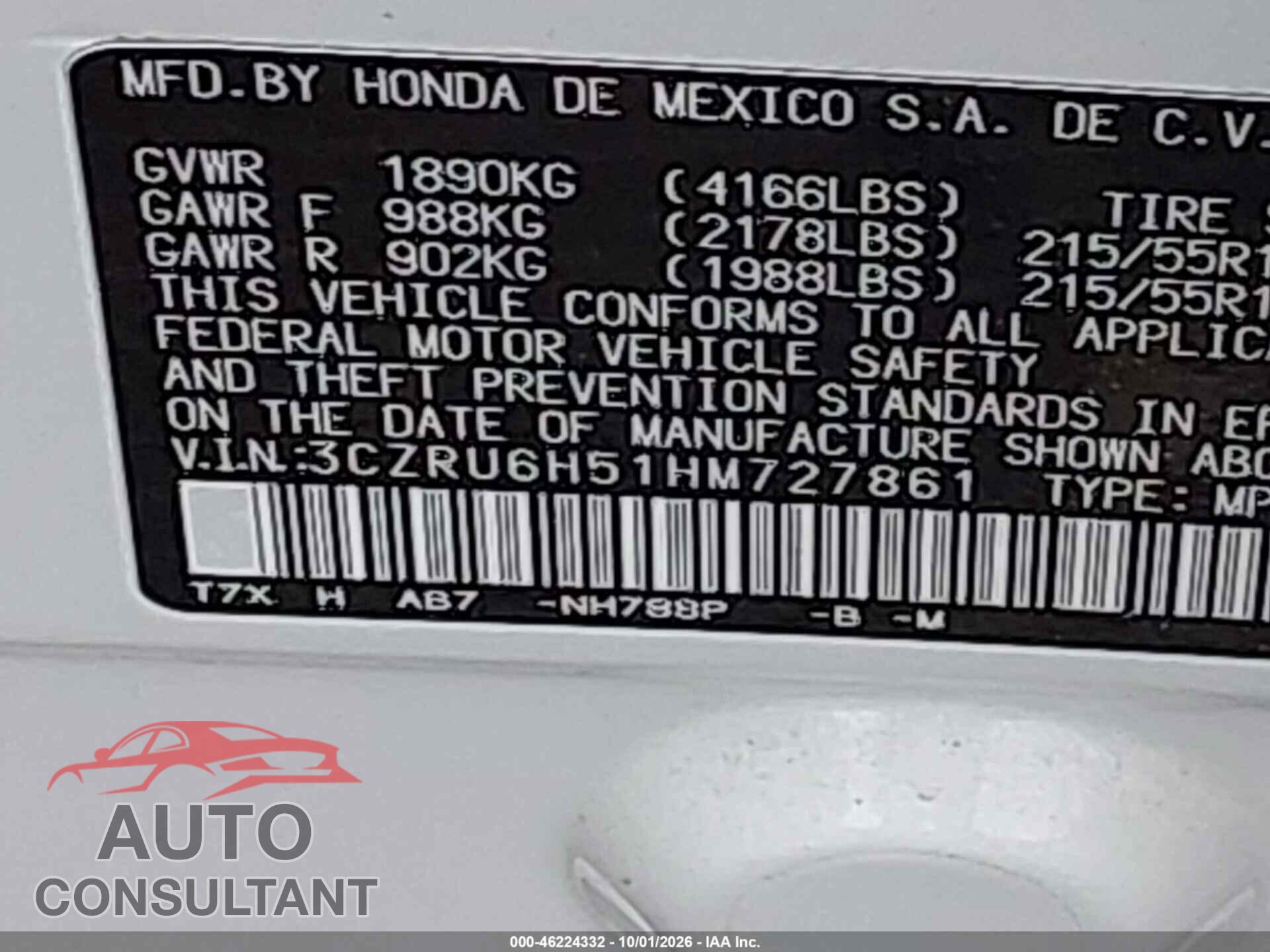 HONDA HR-V 2017 - 3CZRU6H51HM727861