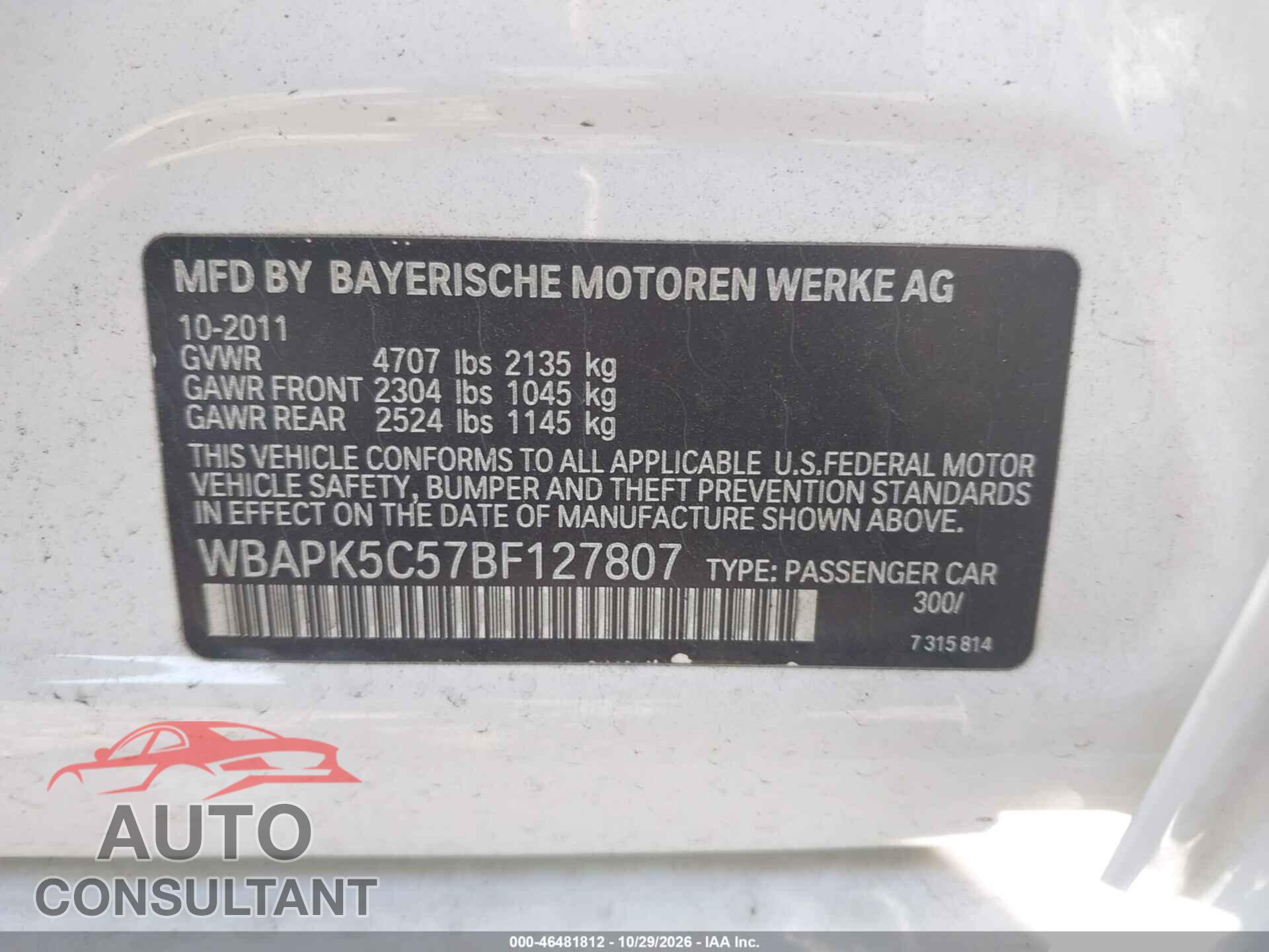 BMW 328I 2011 - WBAPK5C57BF127807