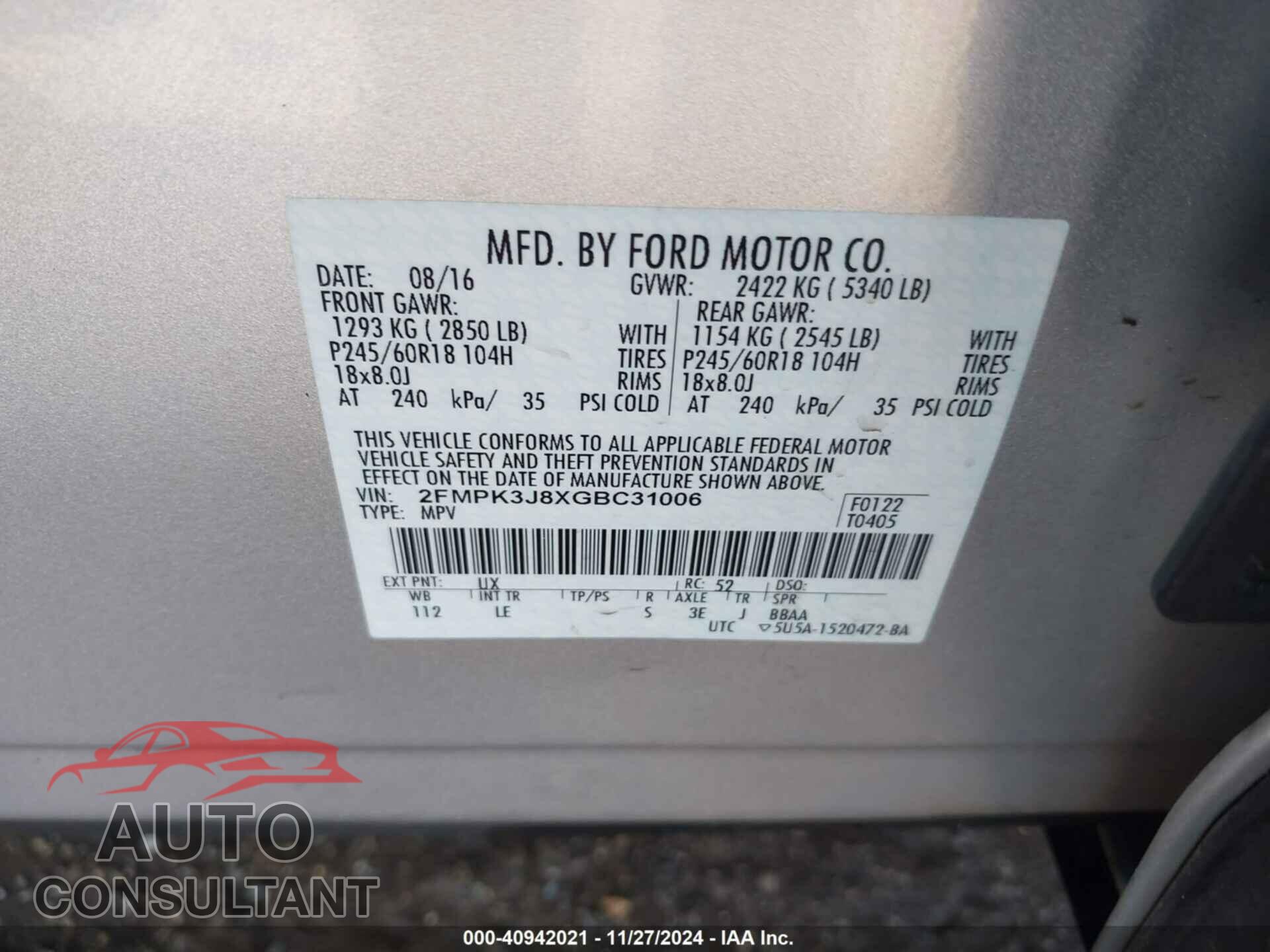 FORD EDGE 2016 - 2FMPK3J8XGBC31006