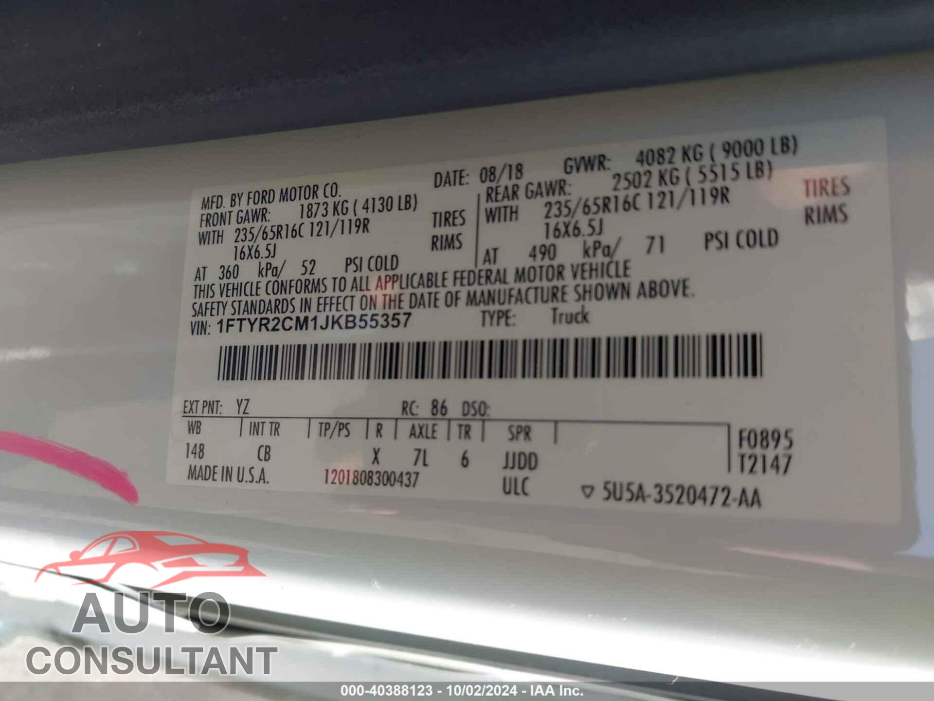 FORD TRANSIT-250 2018 - 1FTYR2CM1JKB55357