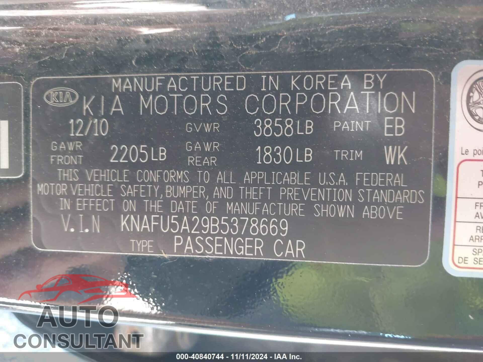 KIA FORTE 2011 - KNAFU5A29B5378669