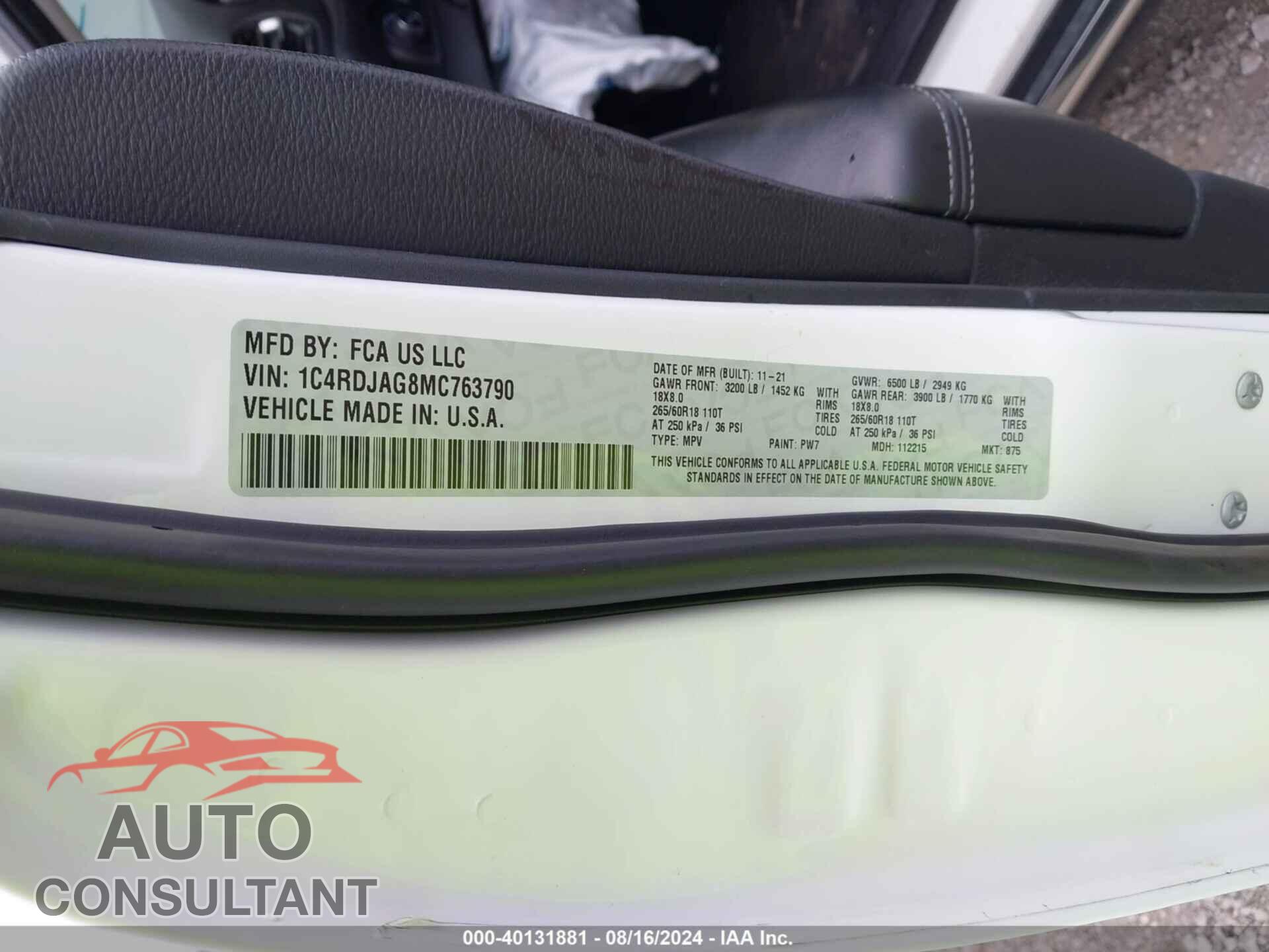 DODGE DURANGO 2021 - 1C4RDJAG8MC763790