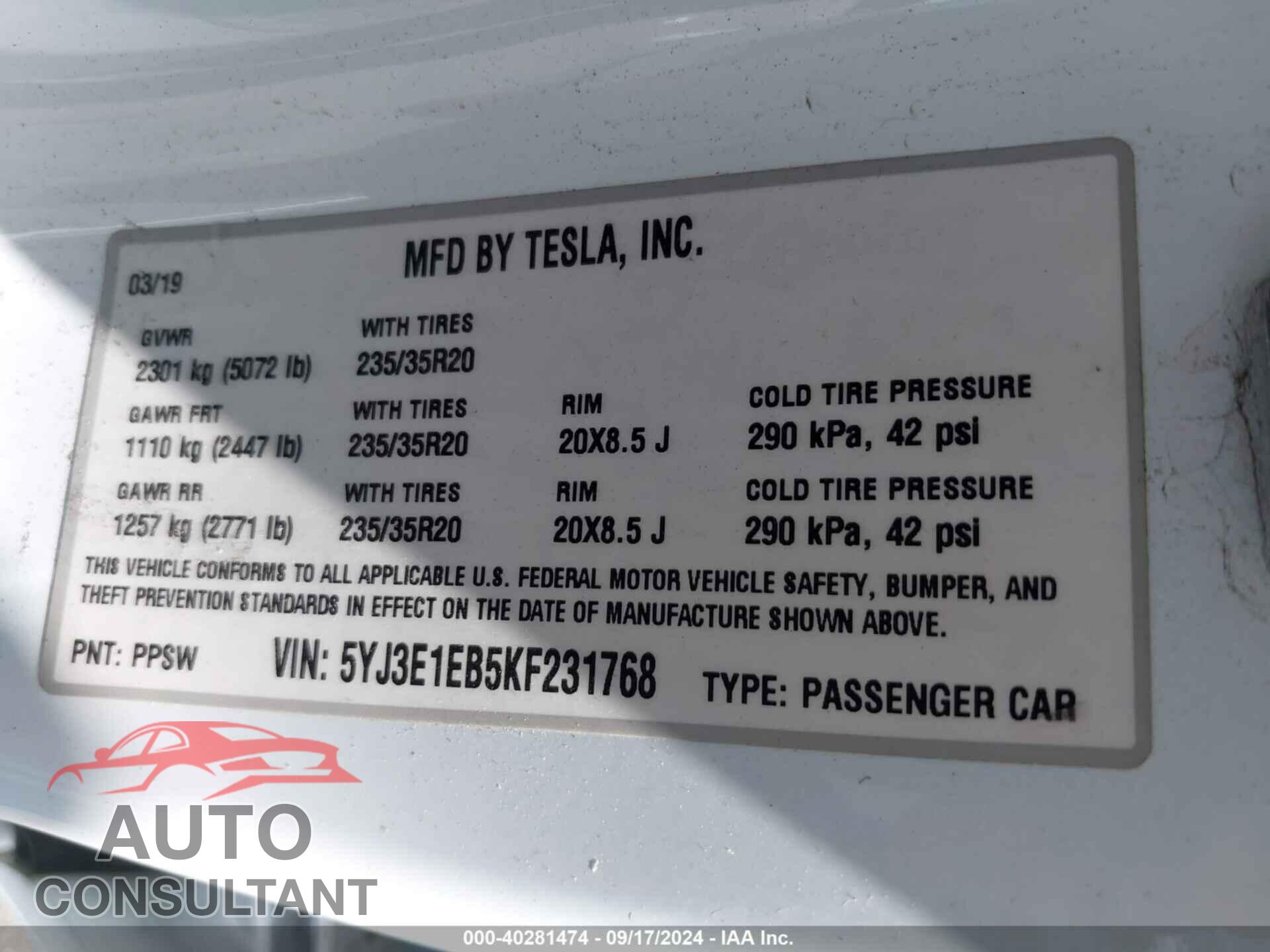 TESLA MODEL 3 2019 - 5YJ3E1EB5KF231768