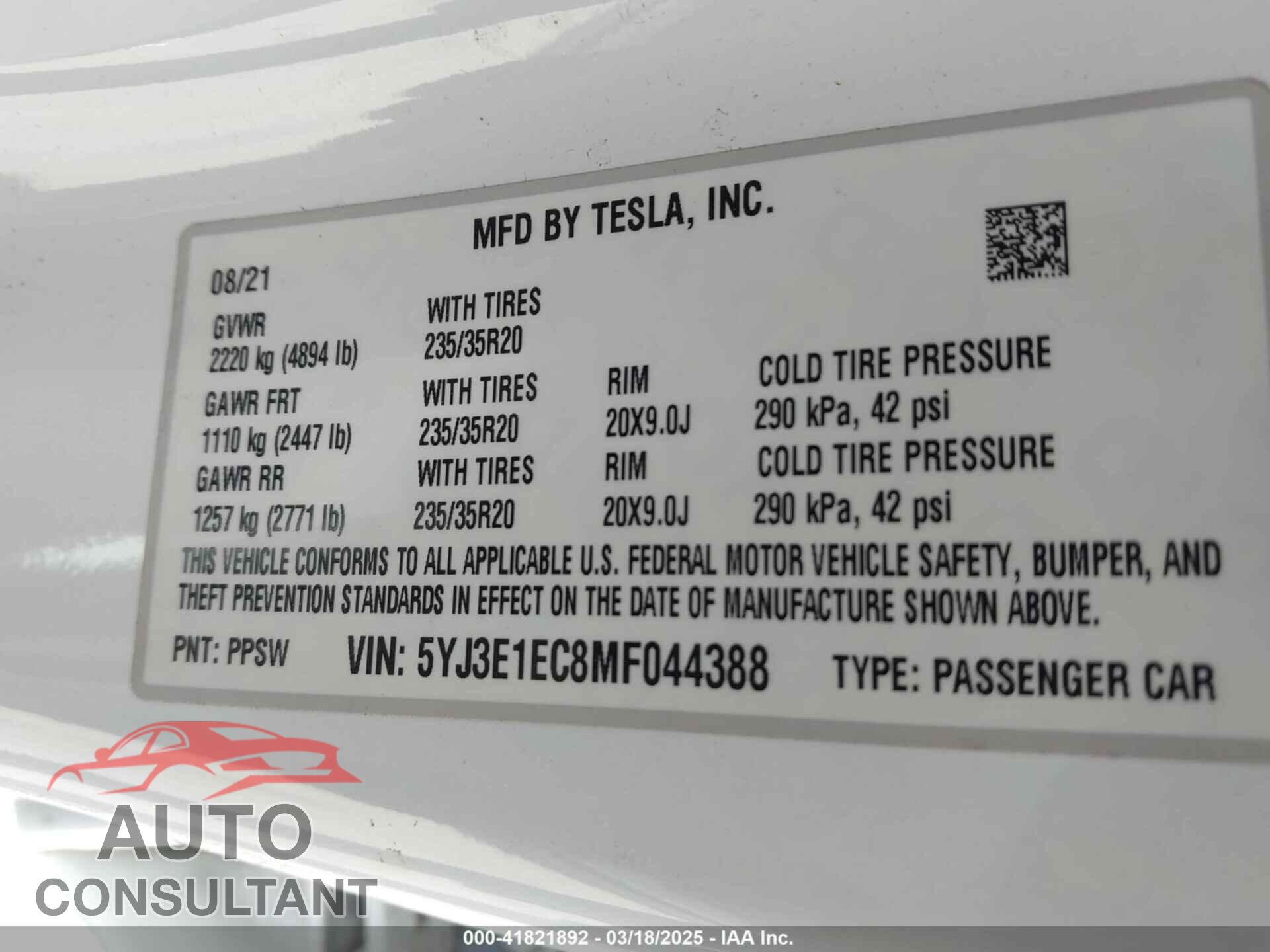 TESLA MODEL 3 2021 - 5YJ3E1EC8MF044388