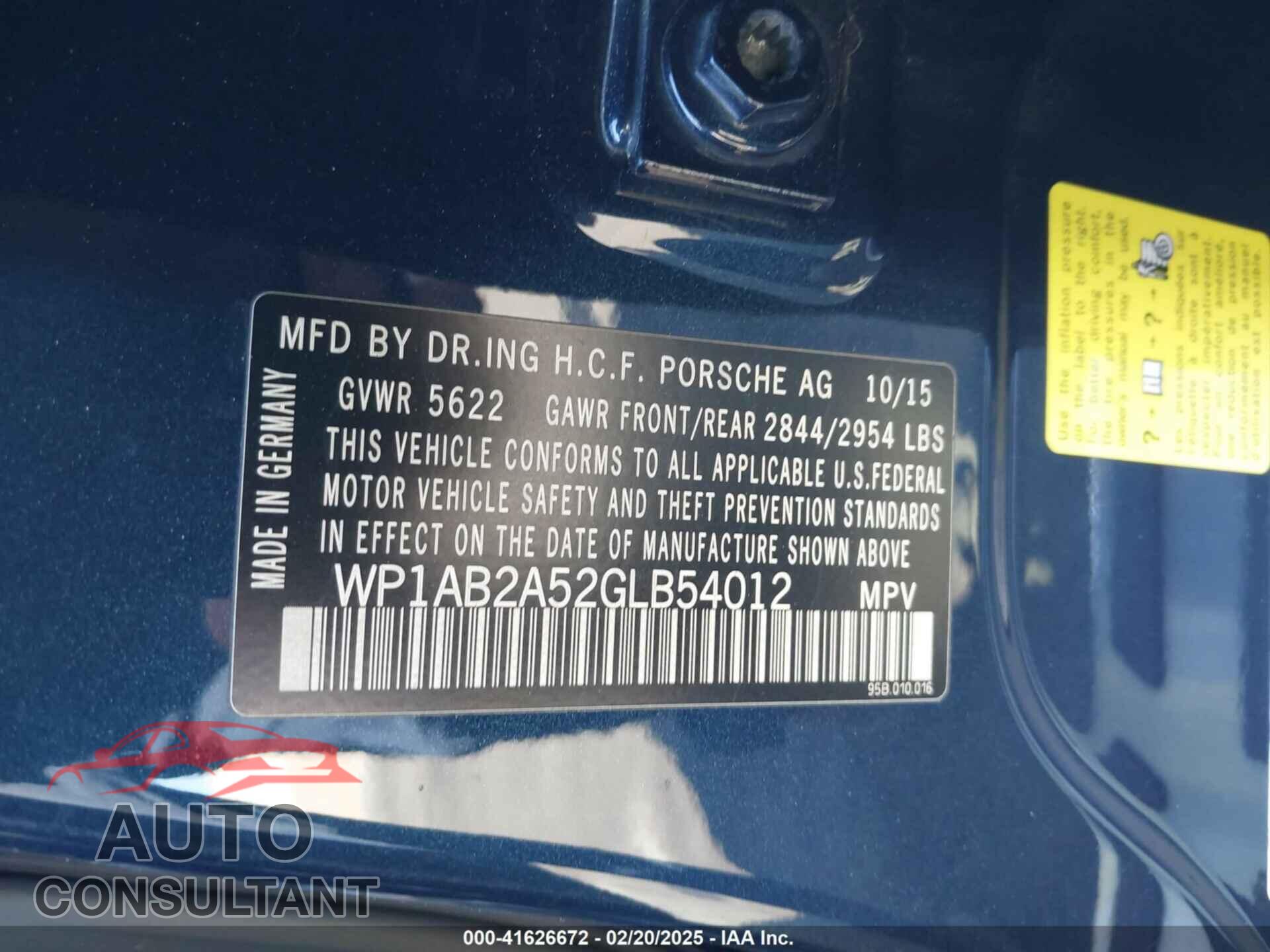 PORSCHE MACAN 2016 - WP1AB2A52GLB54012
