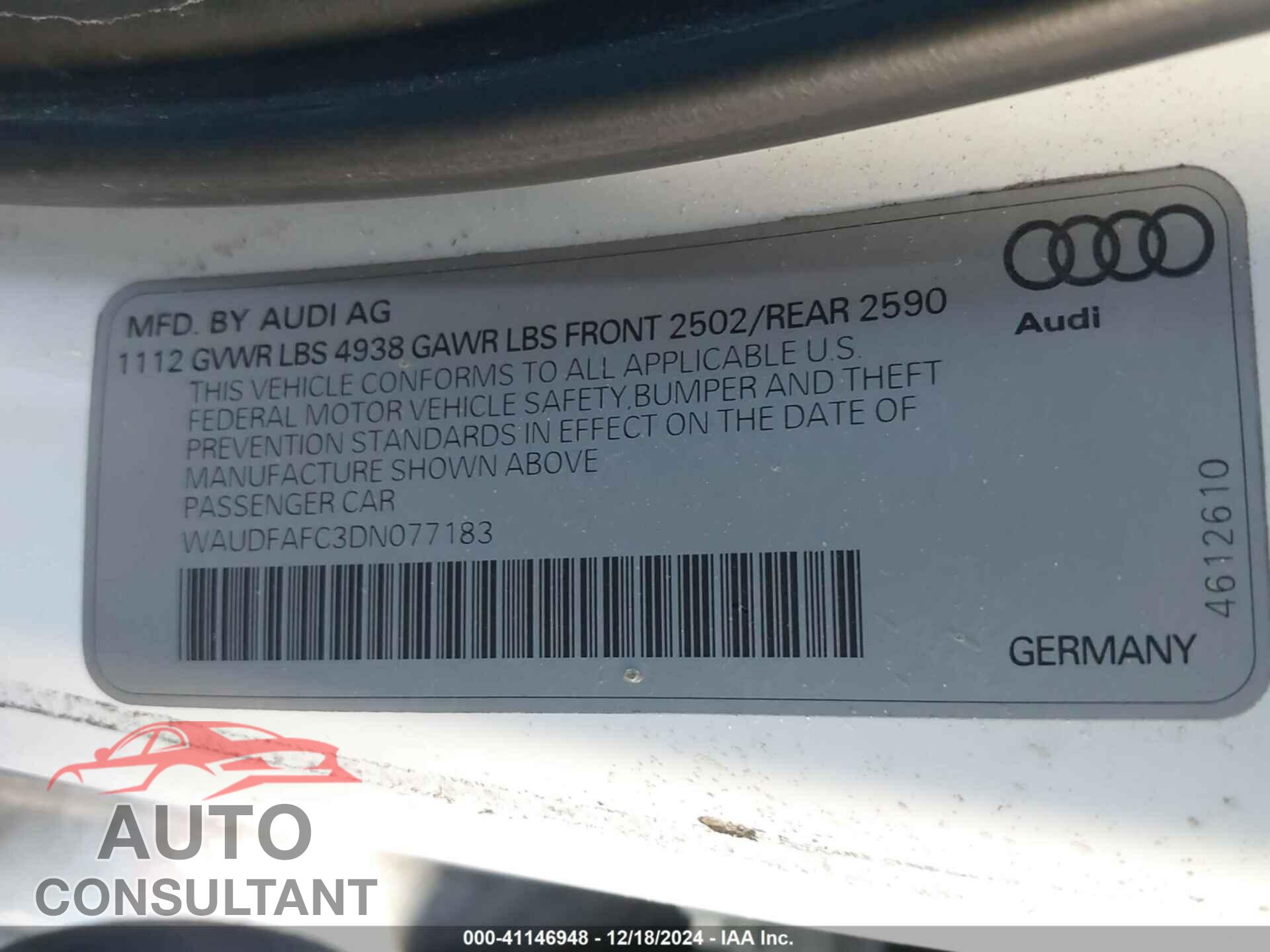 AUDI A6 2013 - WAUDFAFC3DN077183