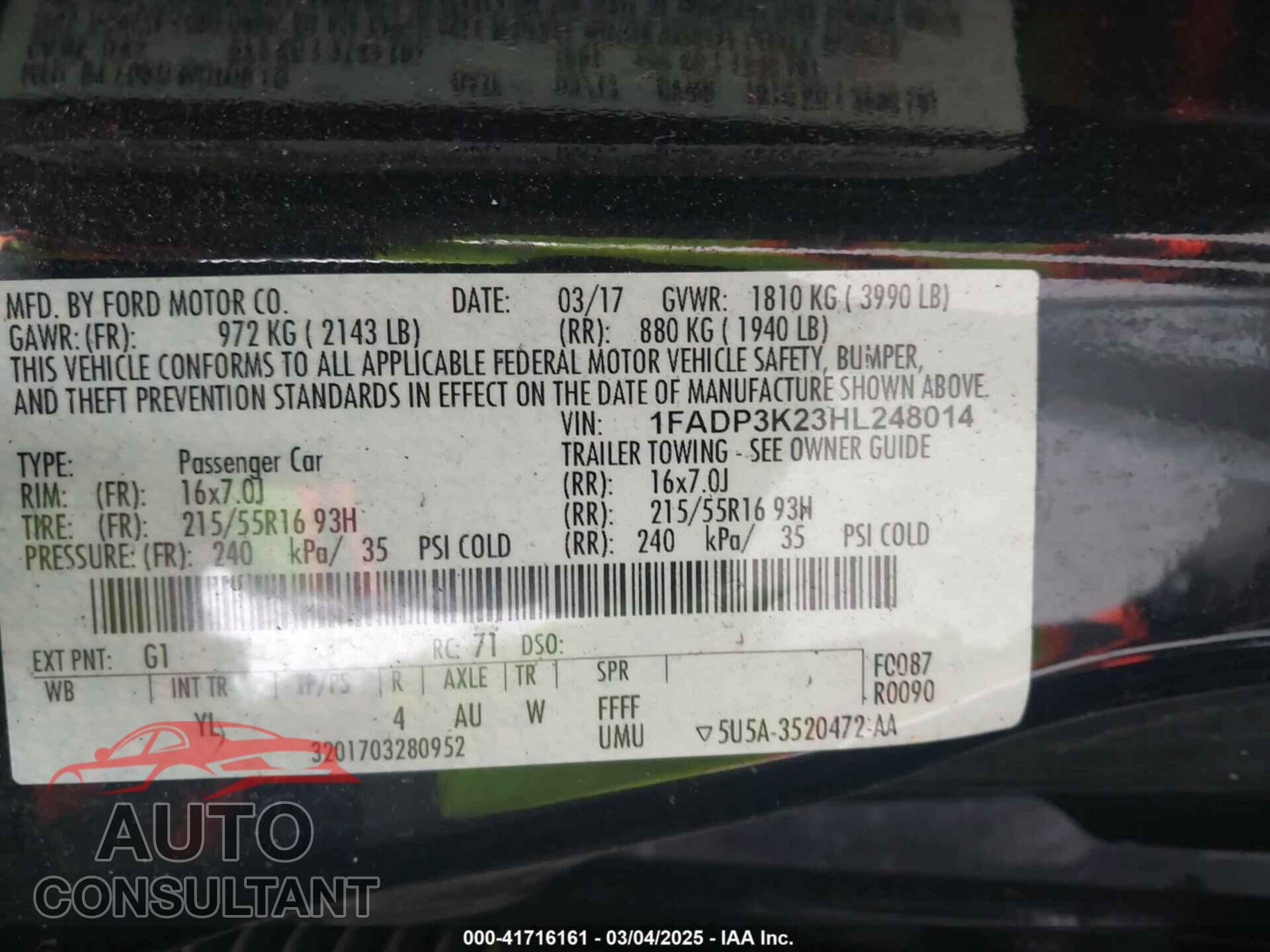FORD FOCUS 2017 - 1FADP3K23HL248014