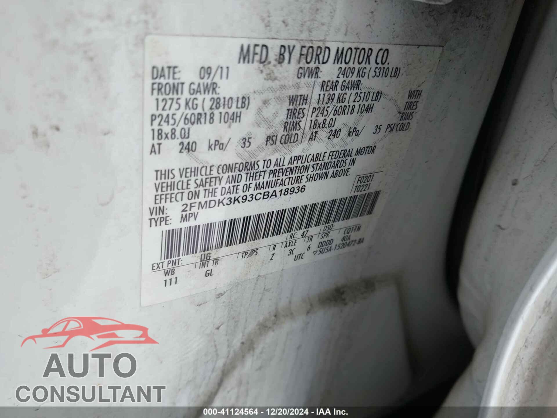 FORD EDGE 2012 - 2FMDK3K93CBA18936