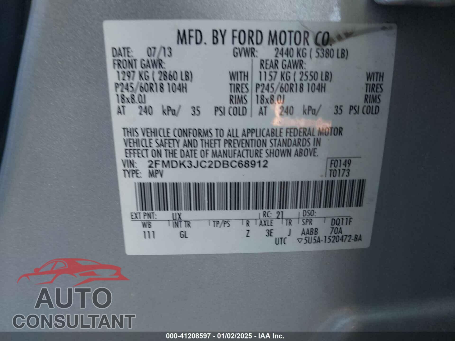 FORD EDGE 2013 - 2FMDK3JC2DBC68912