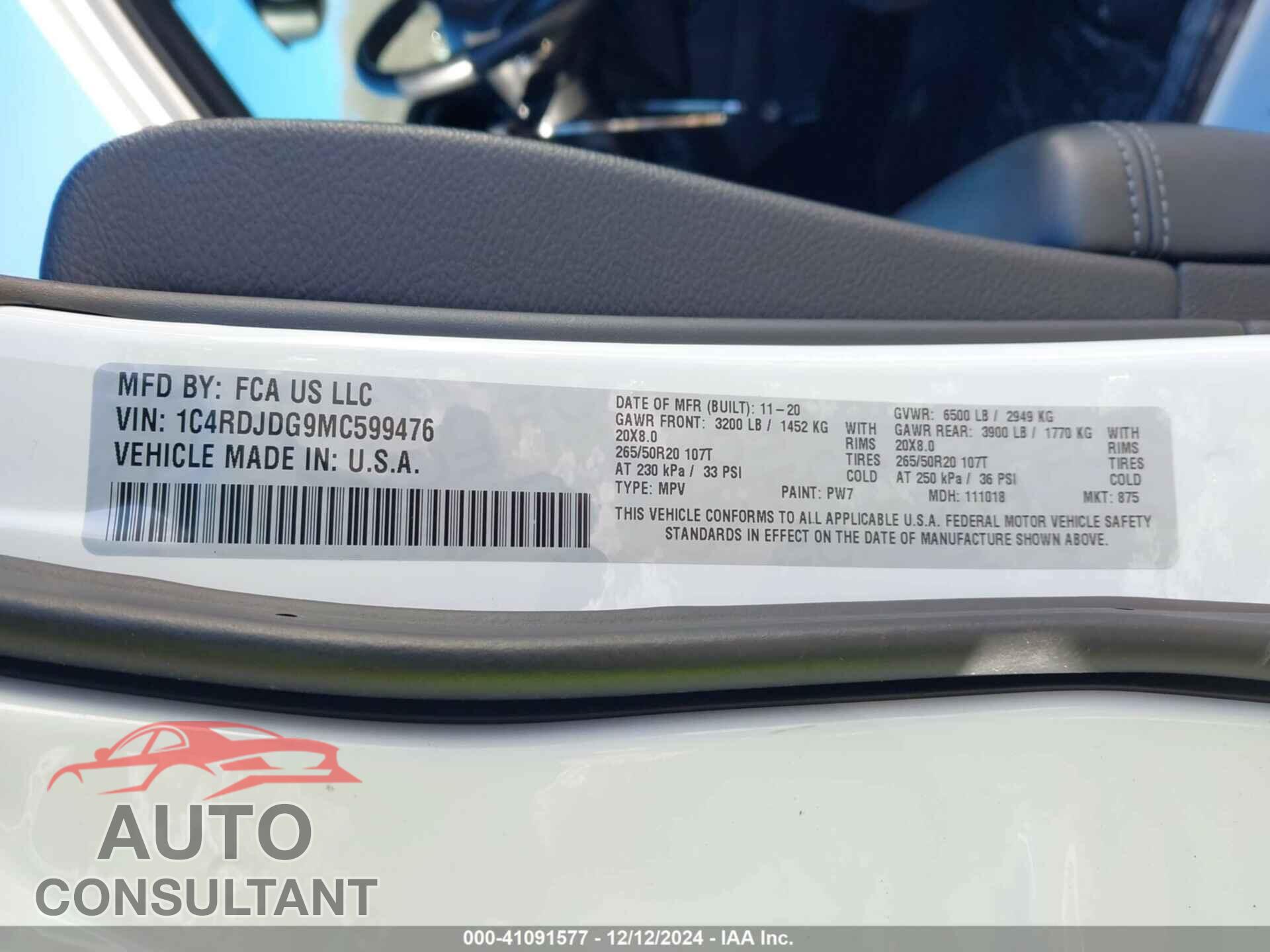 DODGE DURANGO 2021 - 1C4RDJDG9MC599476
