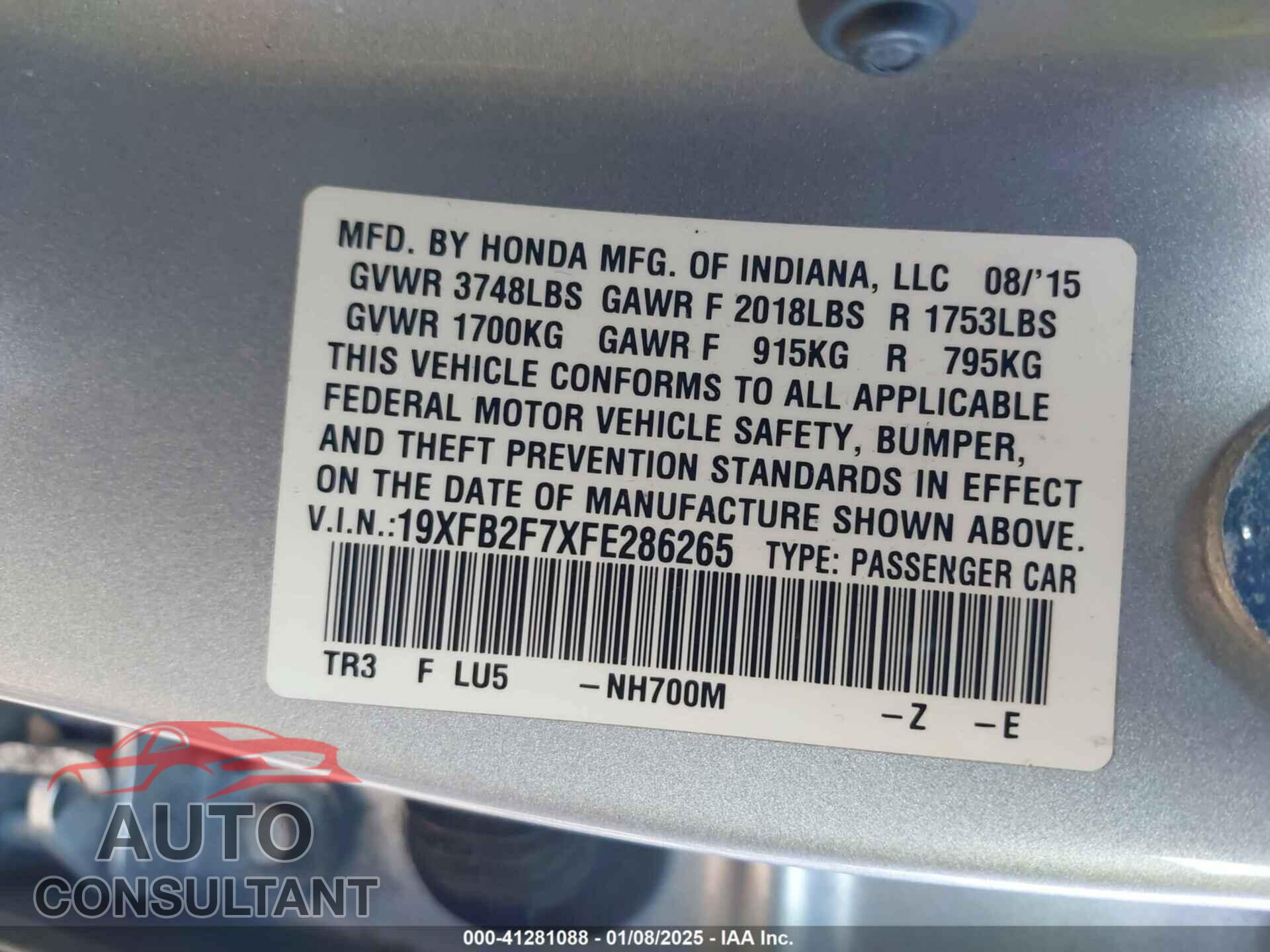 HONDA CIVIC 2015 - 19XFB2F7XFE286265