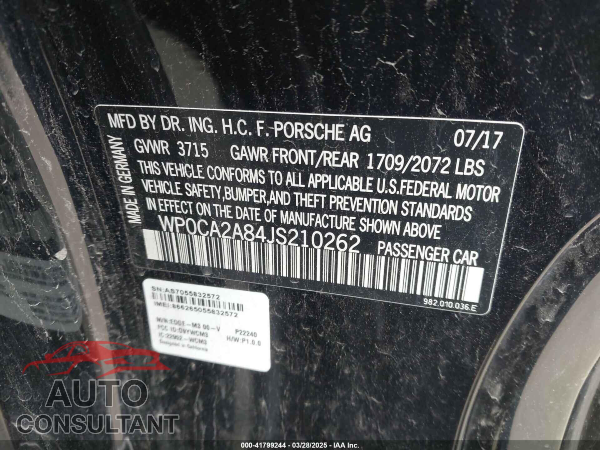 PORSCHE 718 BOXSTER 2018 - WP0CA2A84JS210262