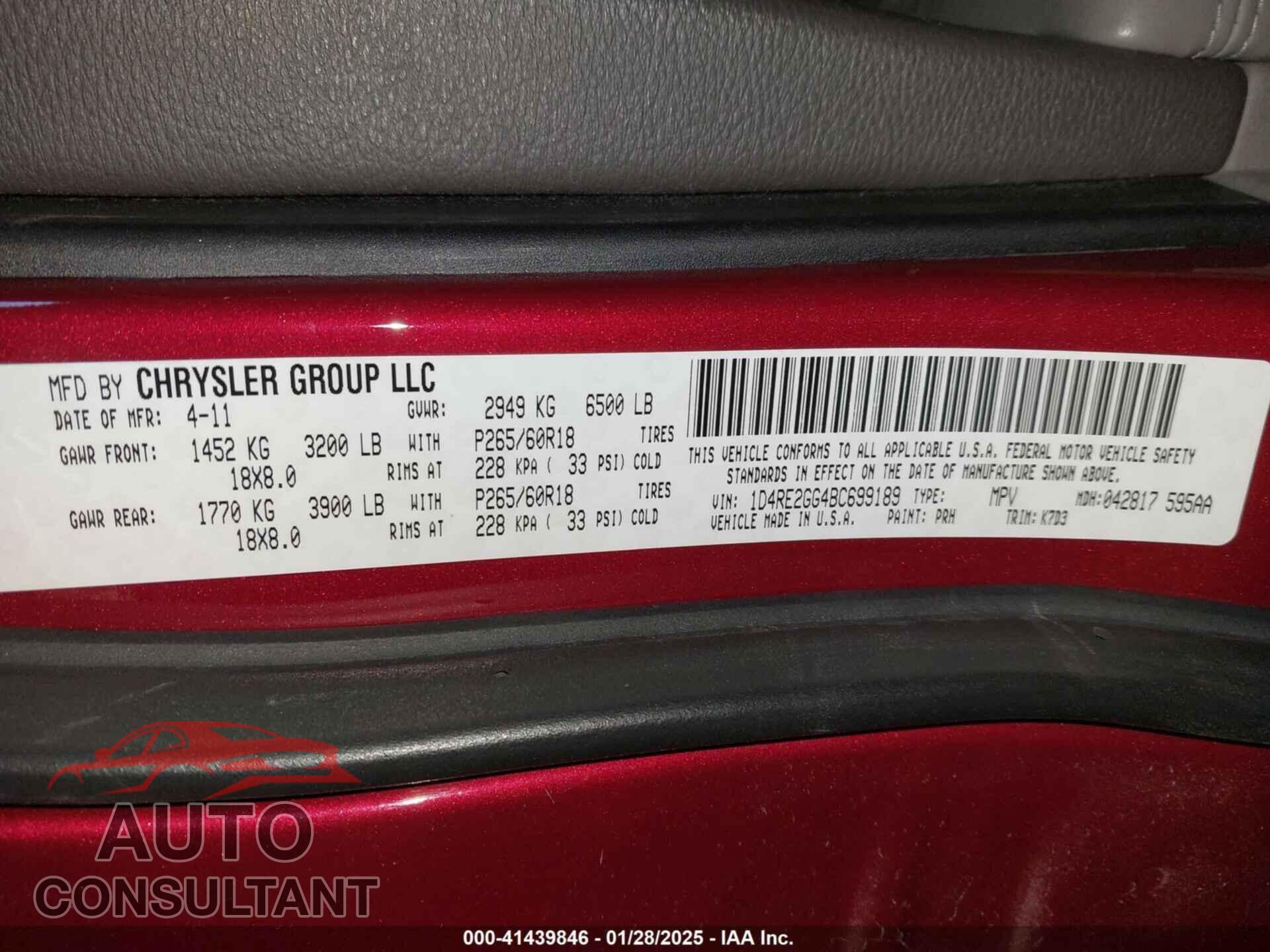 DODGE DURANGO 2011 - 1D4RE2GG4BC699189
