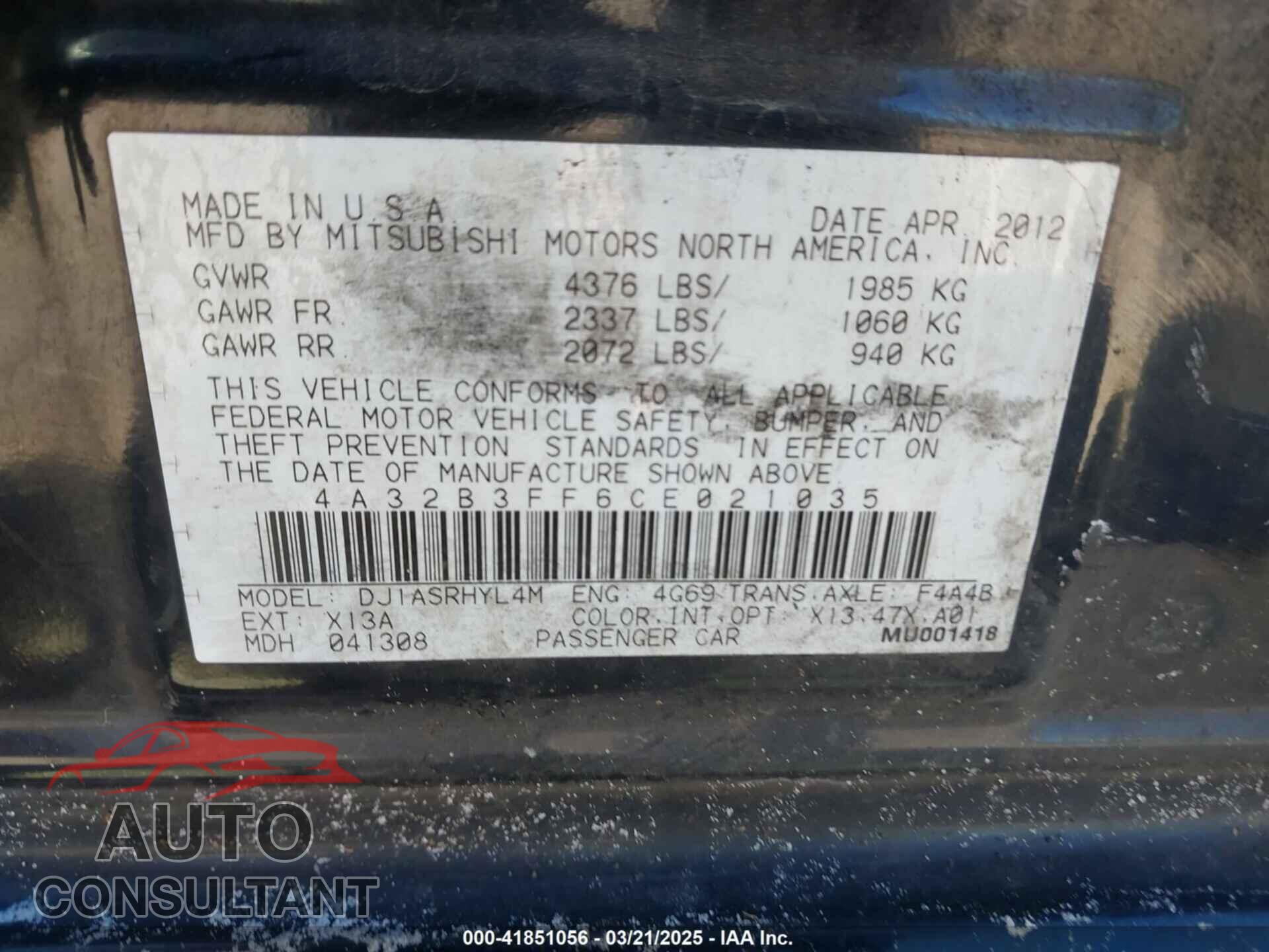 MITSUBISHI GALANT 2012 - 4A32B3FF6CE021035