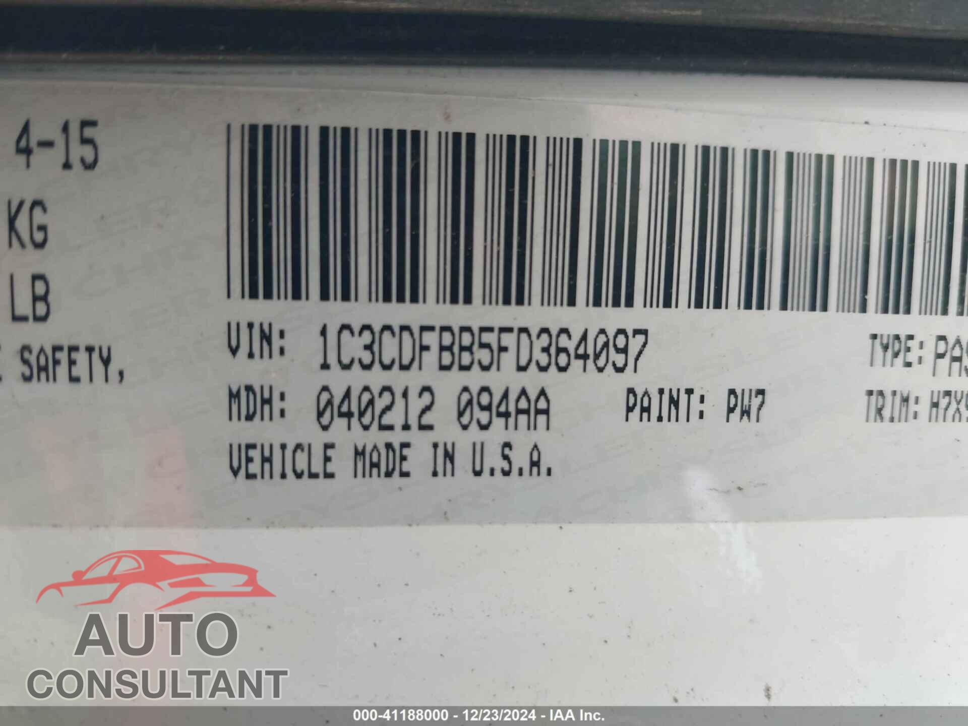 DODGE DART 2015 - 1C3CDFBB5FD364097