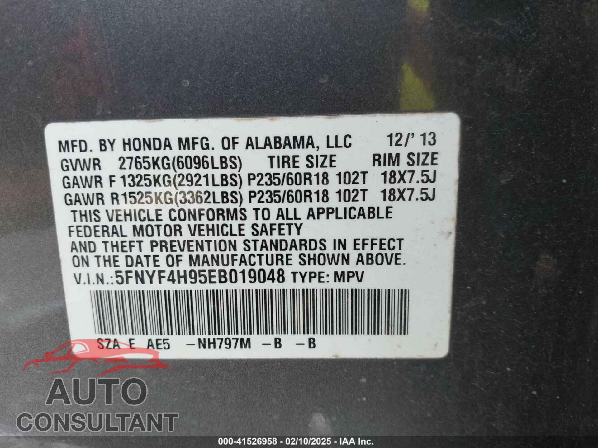 HONDA PILOT 2014 - 5FNYF4H95EB019048
