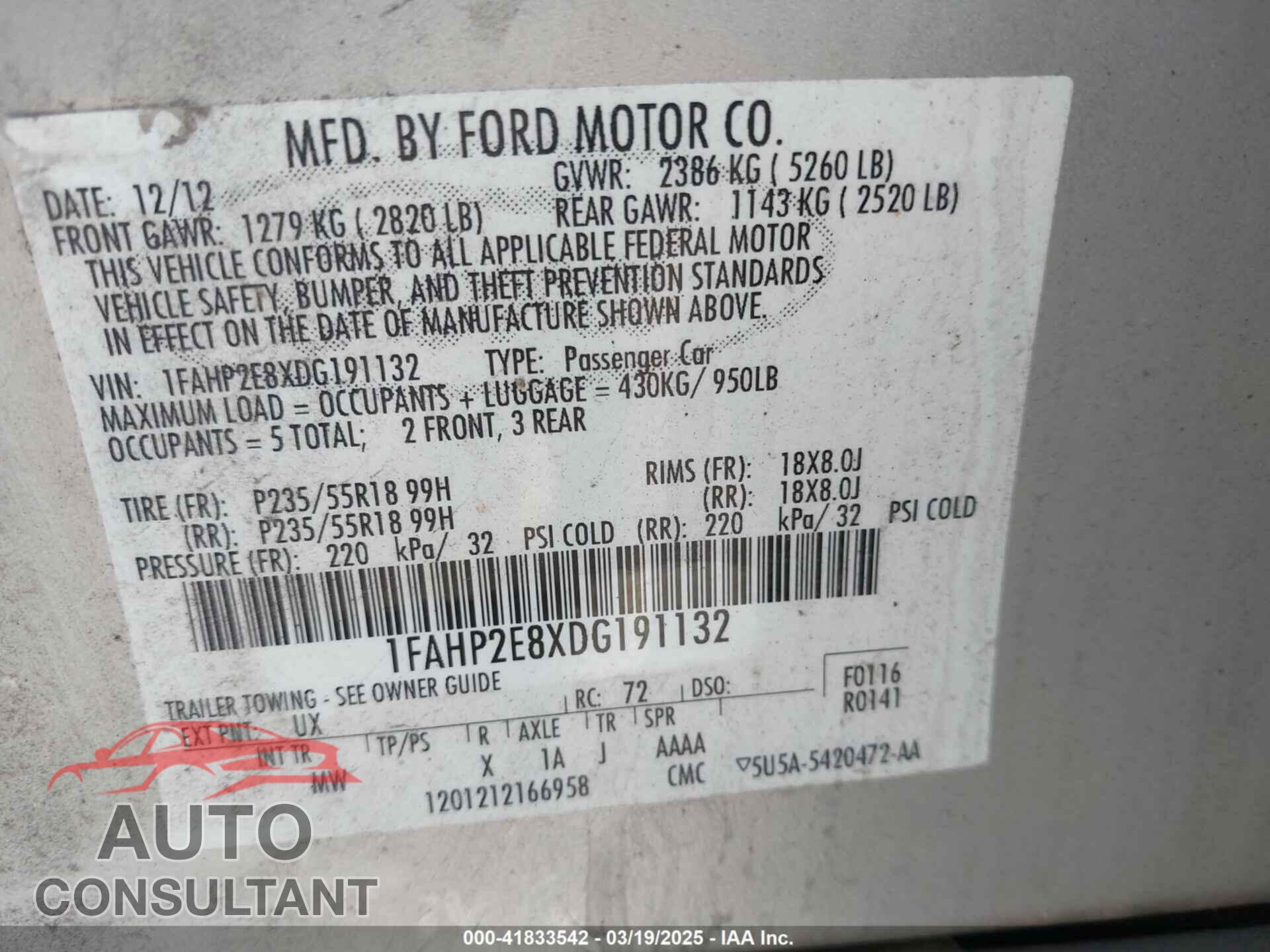 FORD TAURUS 2013 - 1FAHP2E8XDG191132