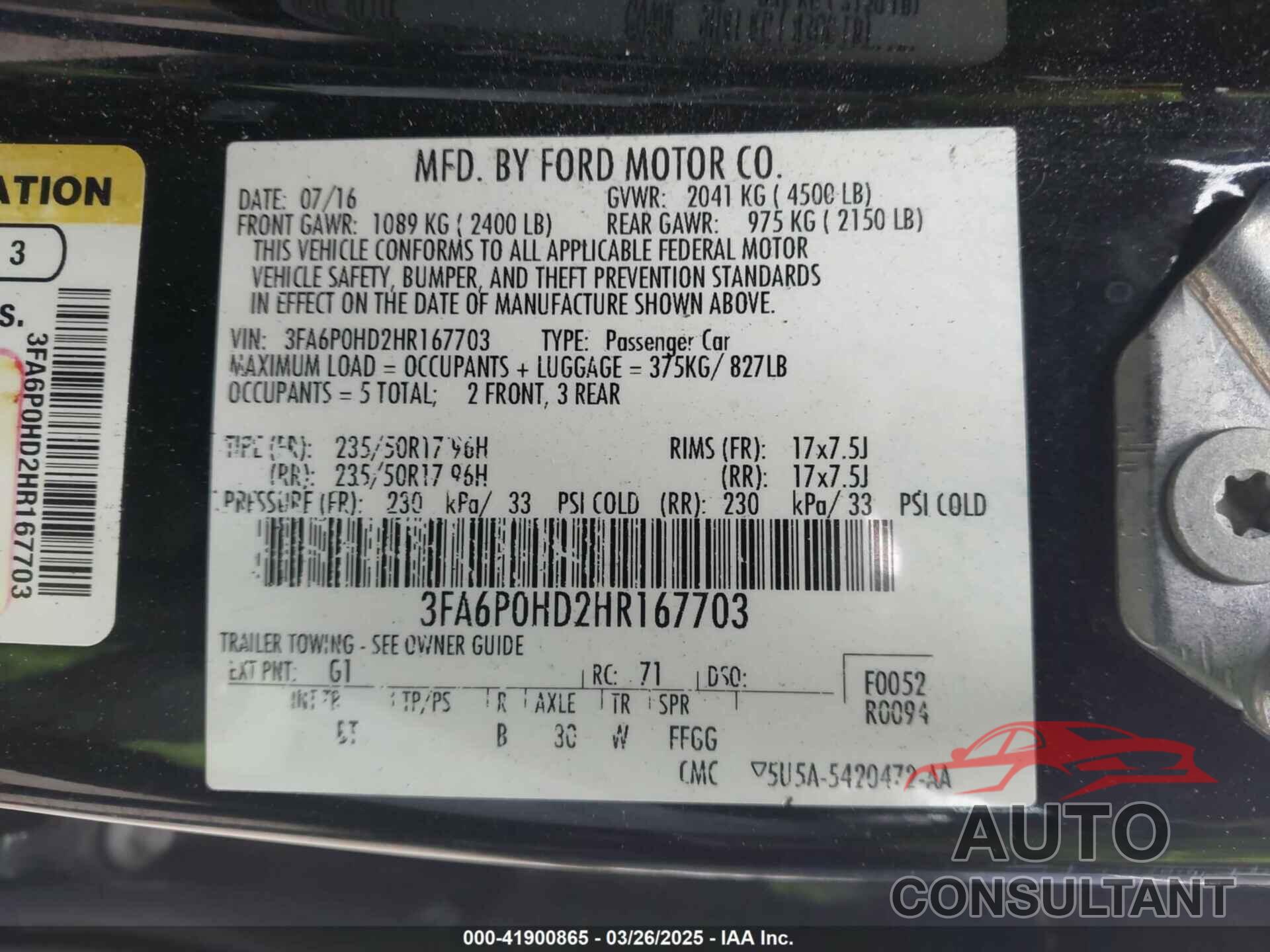 FORD FUSION 2017 - 3FA6P0HD2HR167703