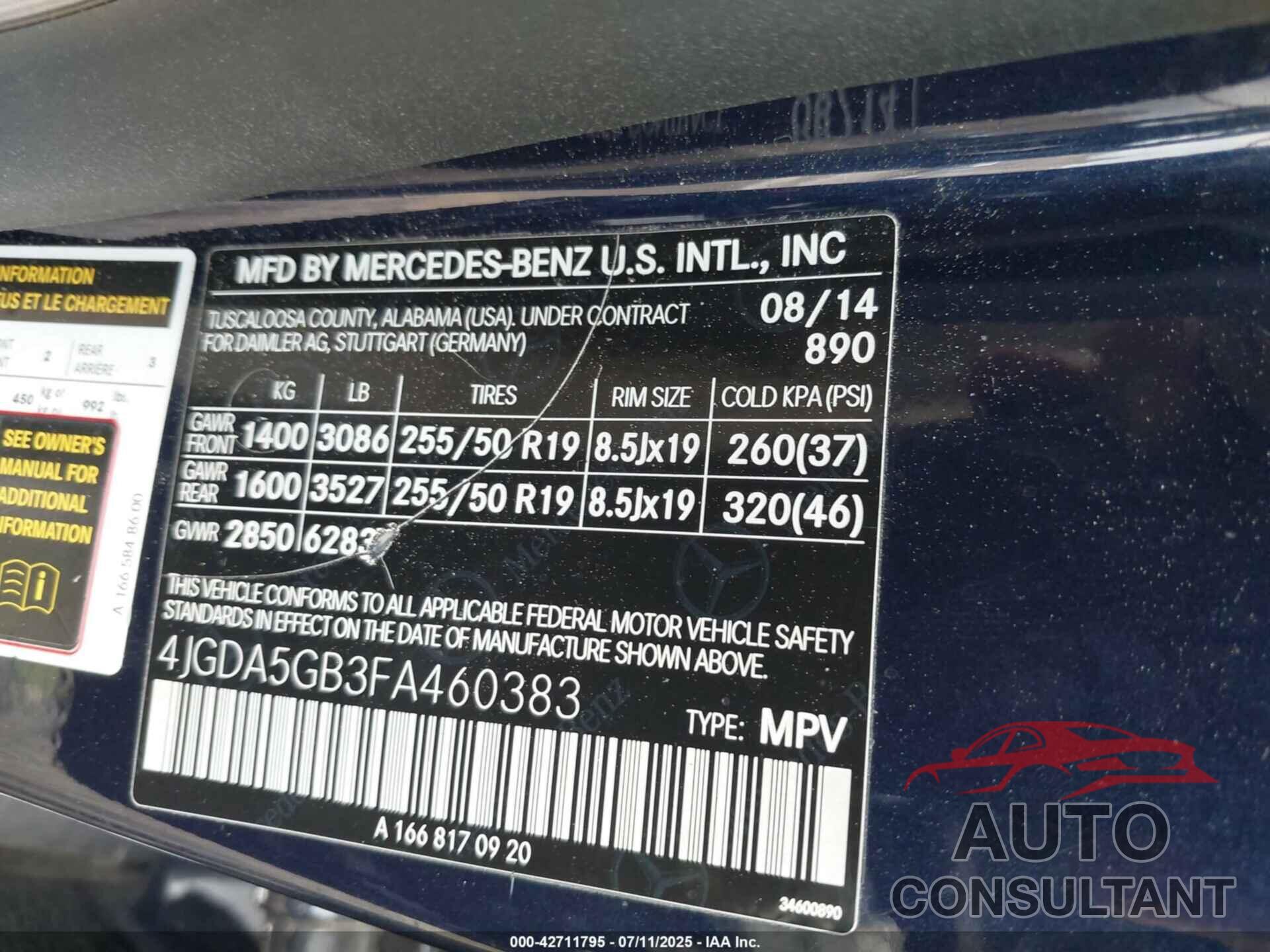 MERCEDES-BENZ ML 400 2015 - 4JGDA5GB3FA460383