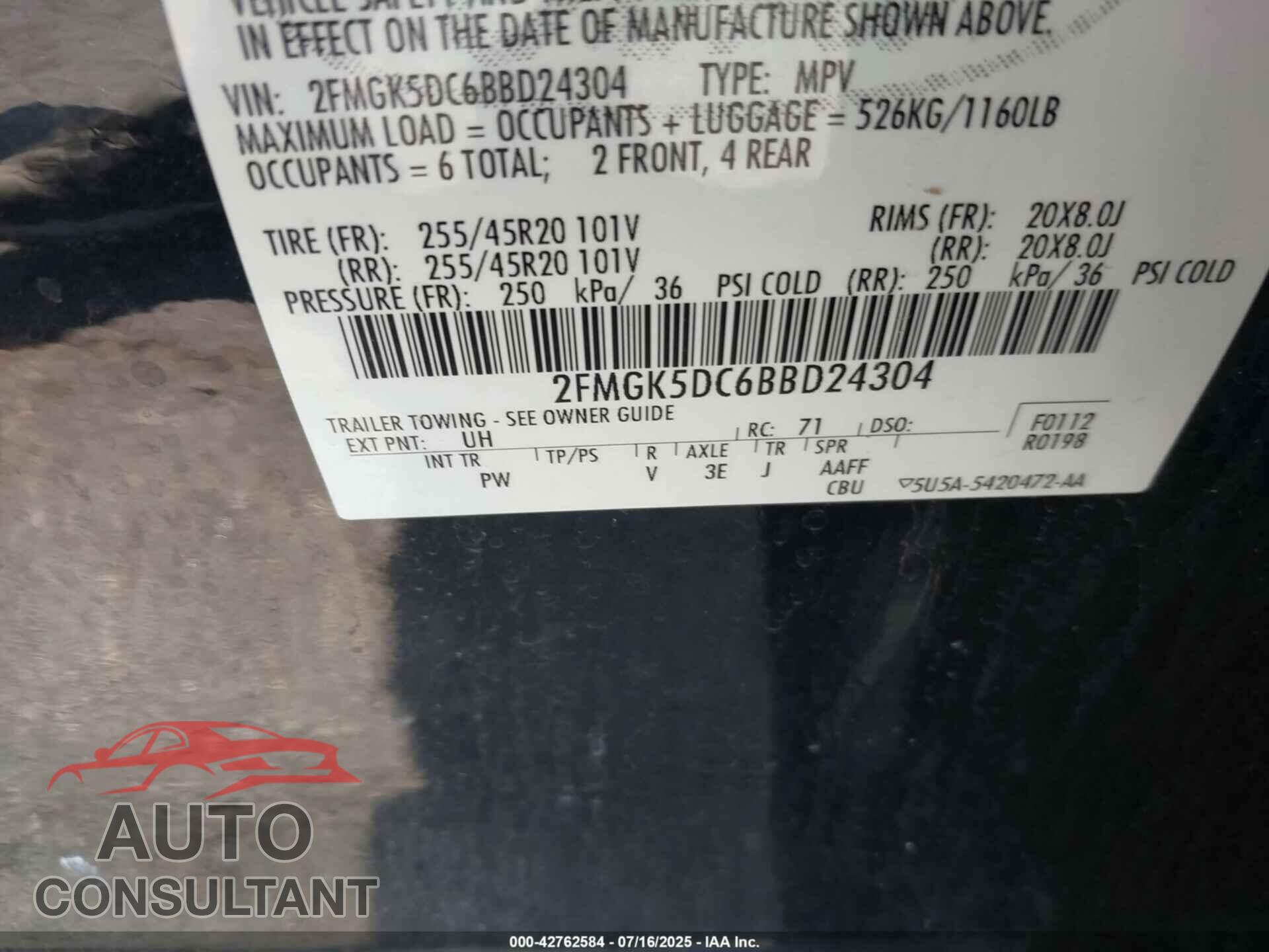 FORD FLEX 2011 - 2FMGK5DC6BBD24304