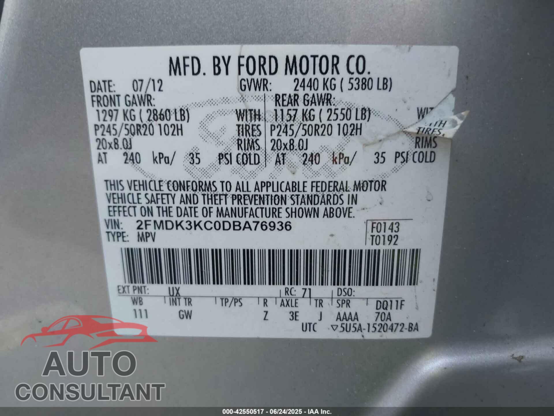 FORD EDGE 2013 - 2FMDK3KC0DBA76936
