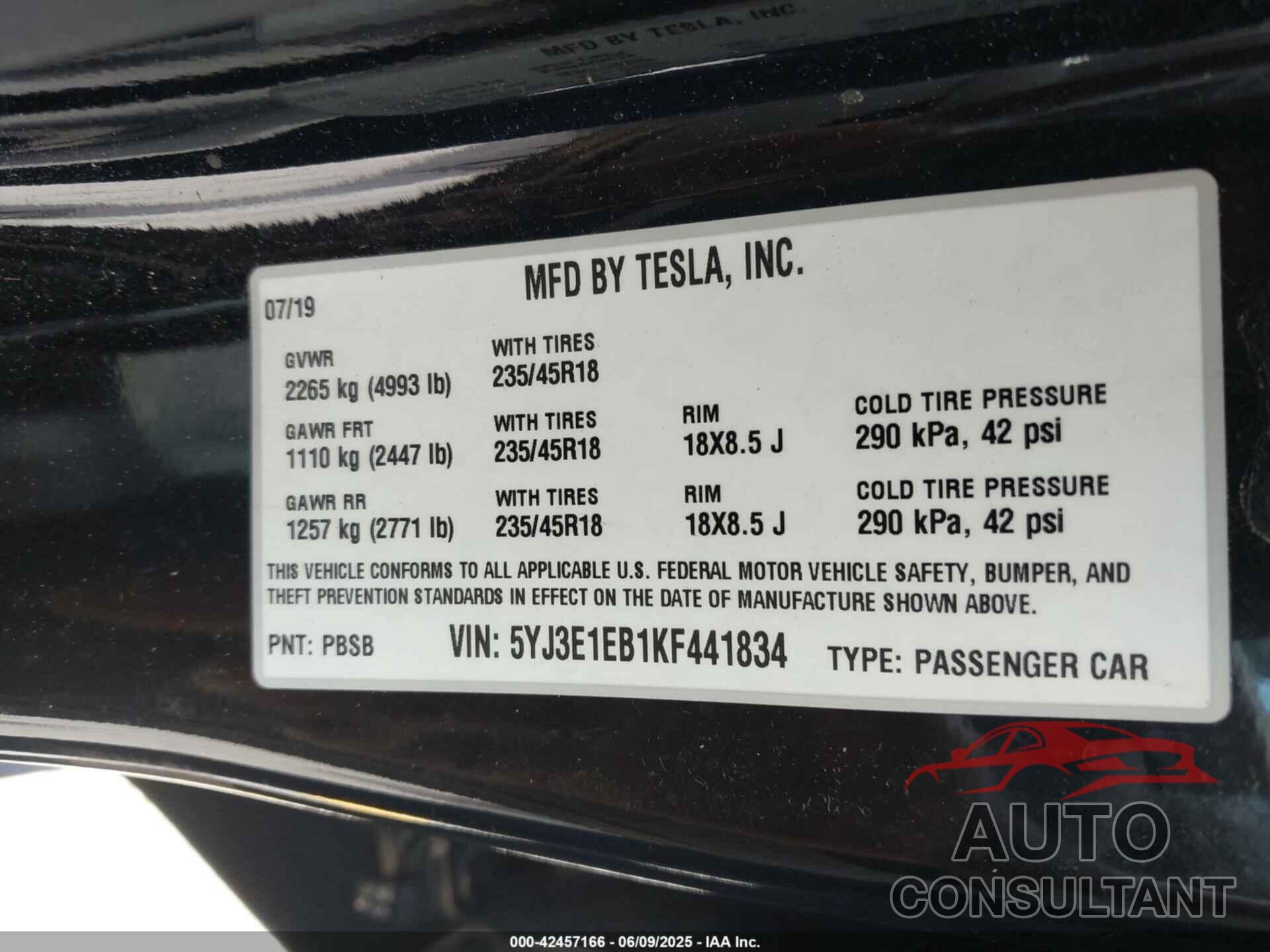 TESLA MODEL 3 2019 - 5YJ3E1EB1KF441834