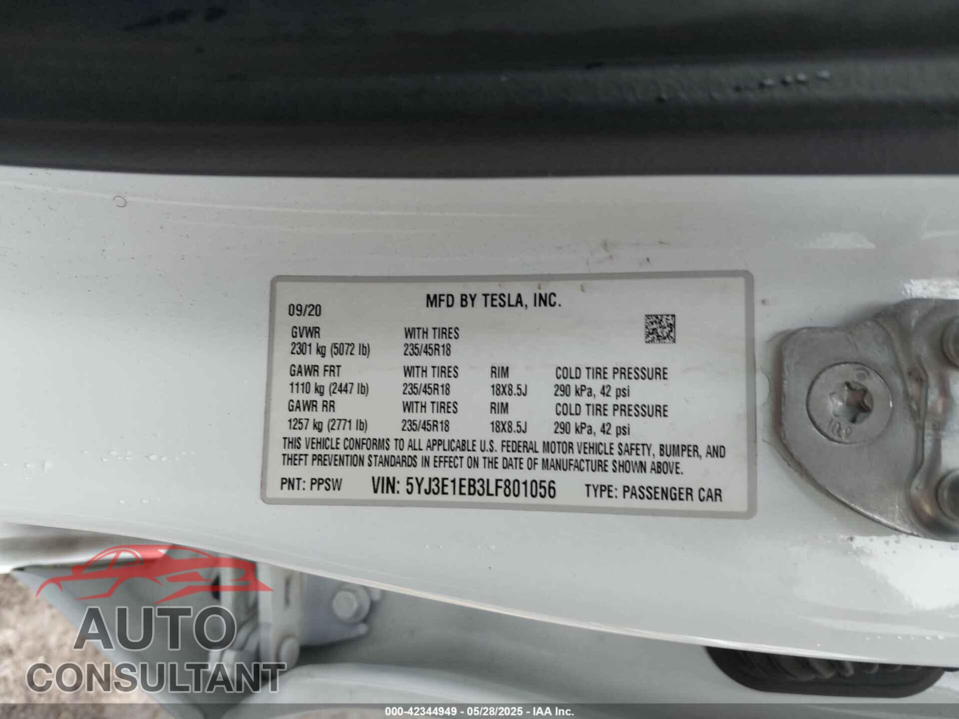 TESLA MODEL 3 2020 - 5YJ3E1EB3LF801056