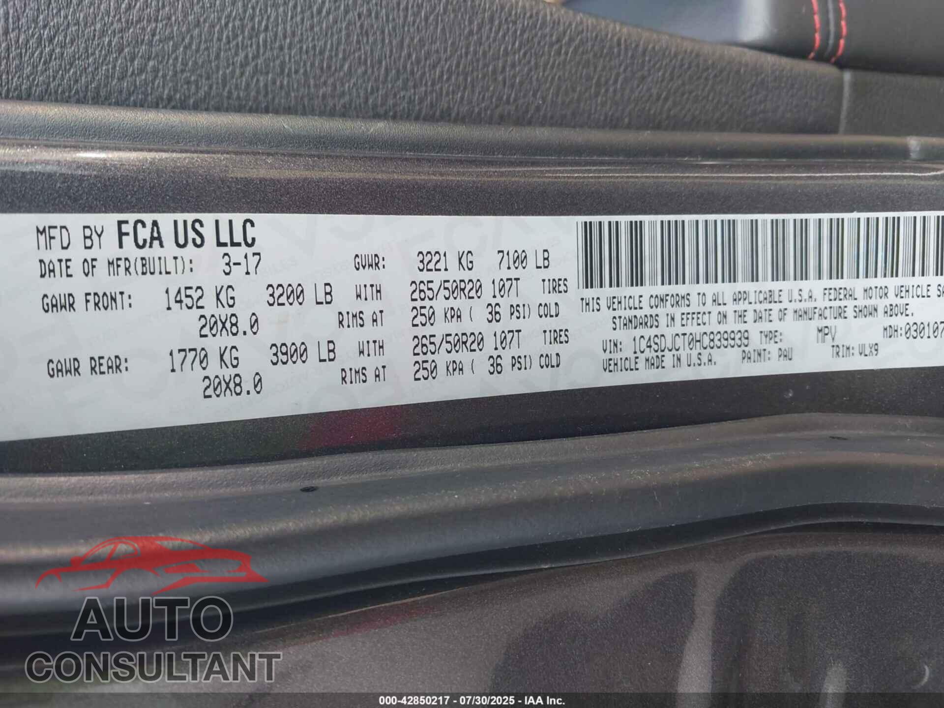 DODGE DURANGO 2017 - 1C4SDJCT0HC839939
