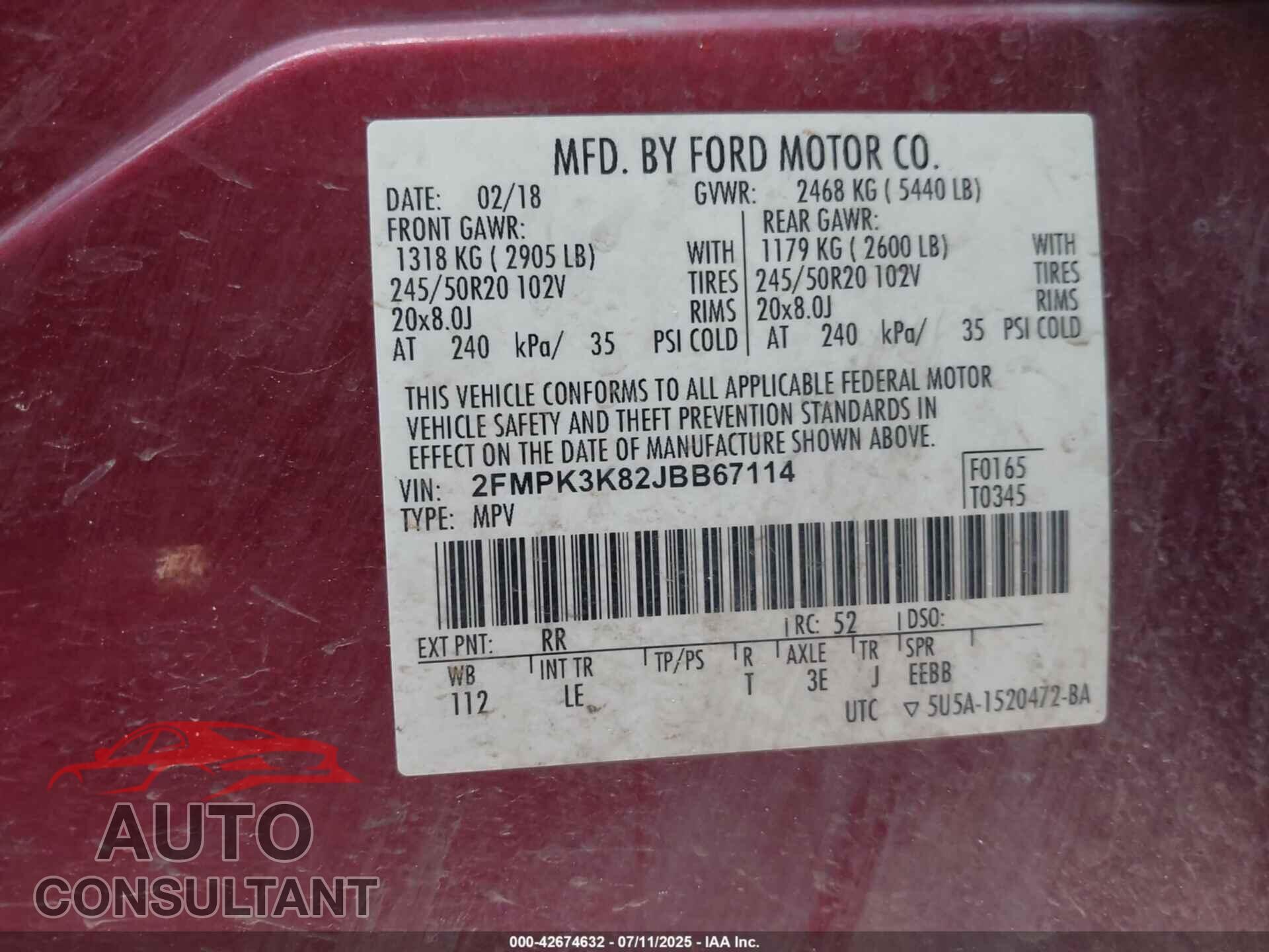 FORD EDGE 2018 - 2FMPK3K82JBB67114