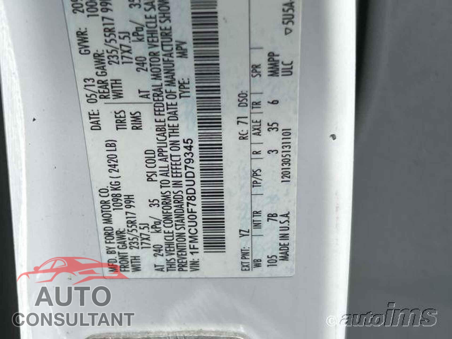 FORD ESCAPE 2013 - 1FMCU0F78DUD79345