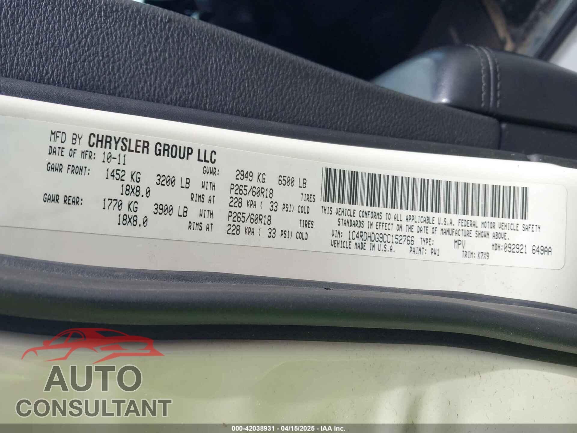 DODGE DURANGO 2012 - 1C4RDHDG9CC152766
