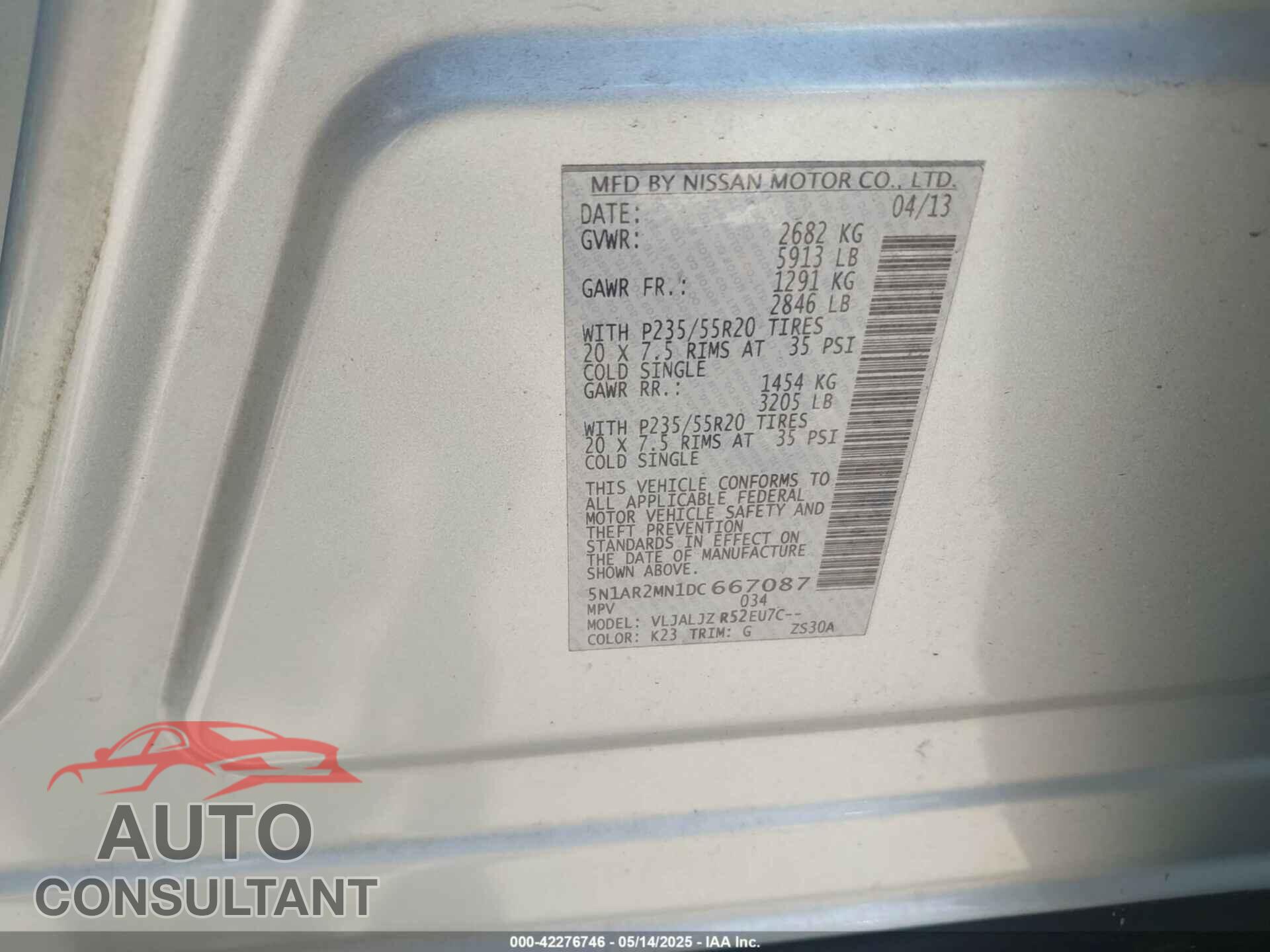 NISSAN PATHFINDER 2013 - 5N1AR2MN1DC667087