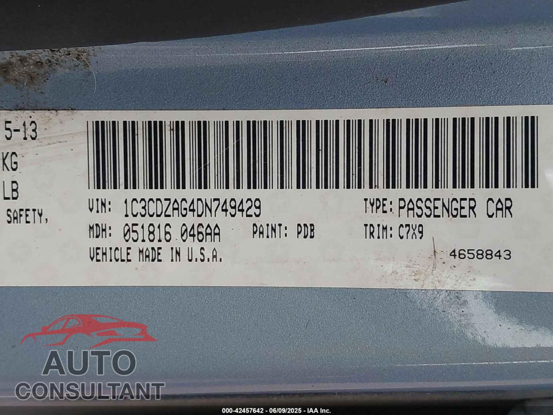 DODGE AVENGER 2013 - 1C3CDZAG4DN749429