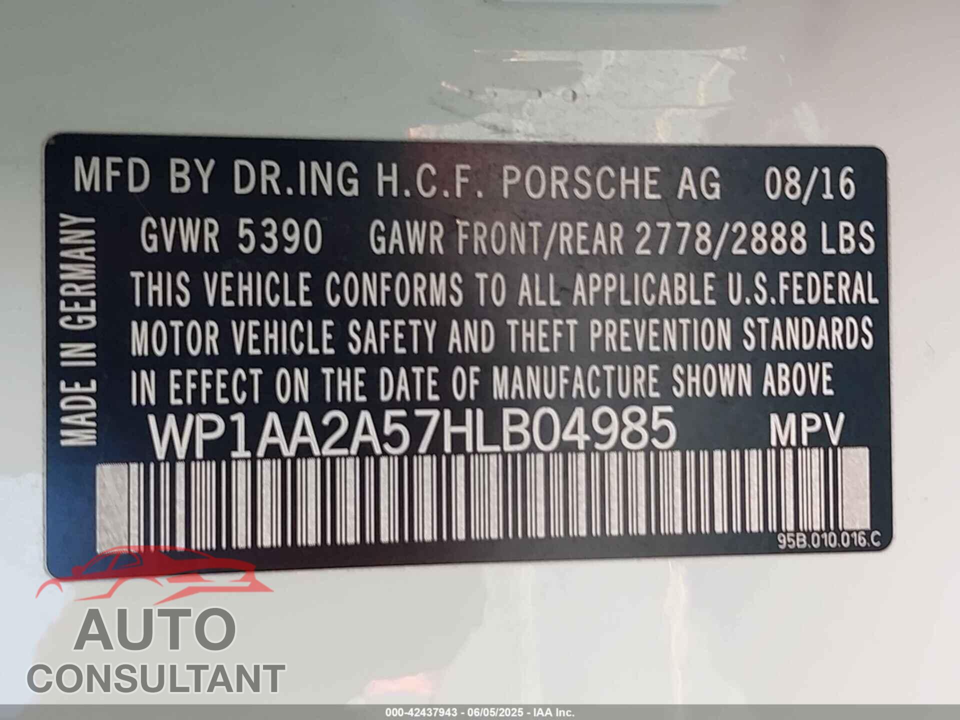 PORSCHE MACAN 2017 - WP1AA2A57HLB04985