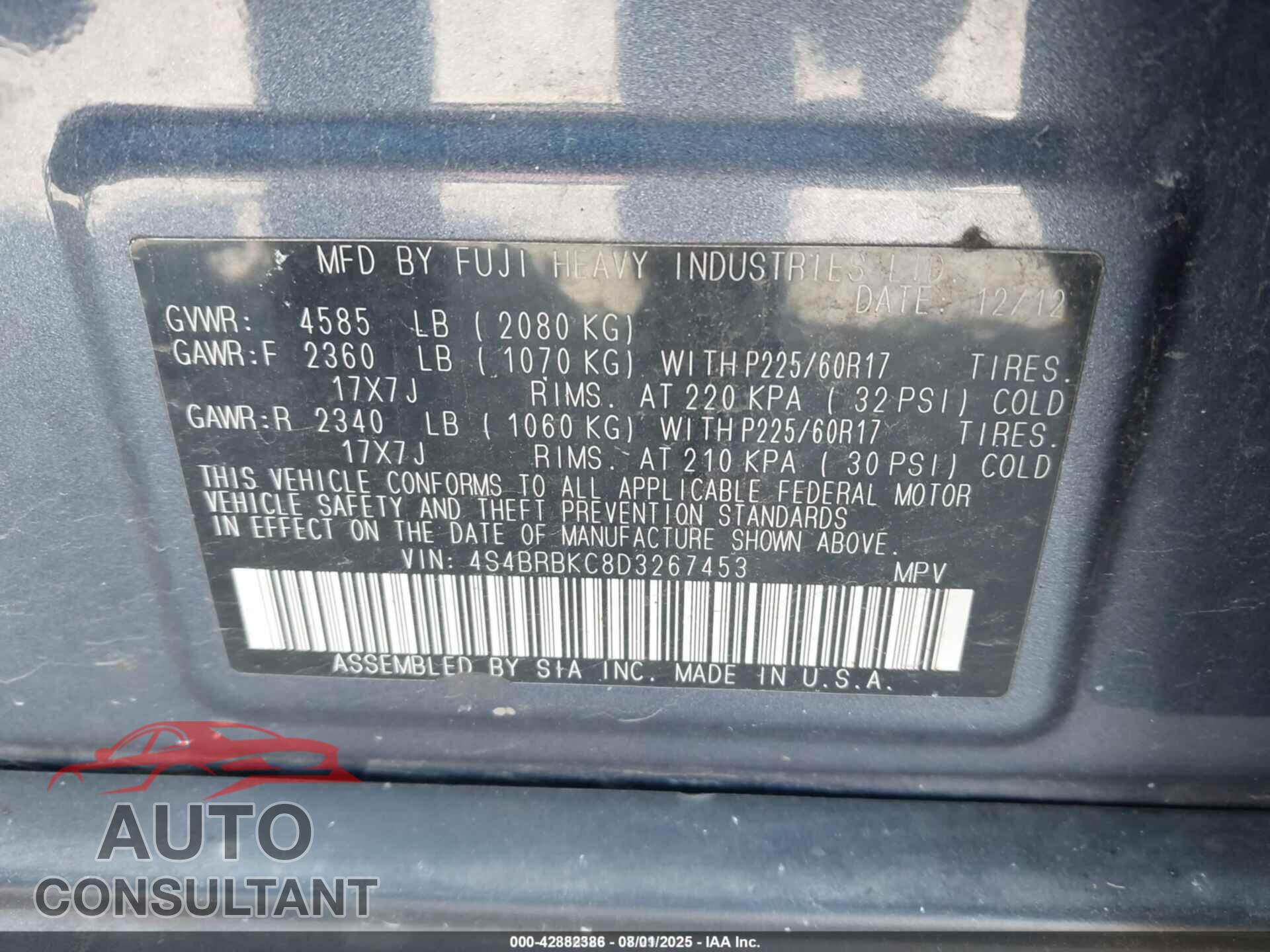 SUBARU OUTBACK 2013 - 4S4BRBKC8D3267453