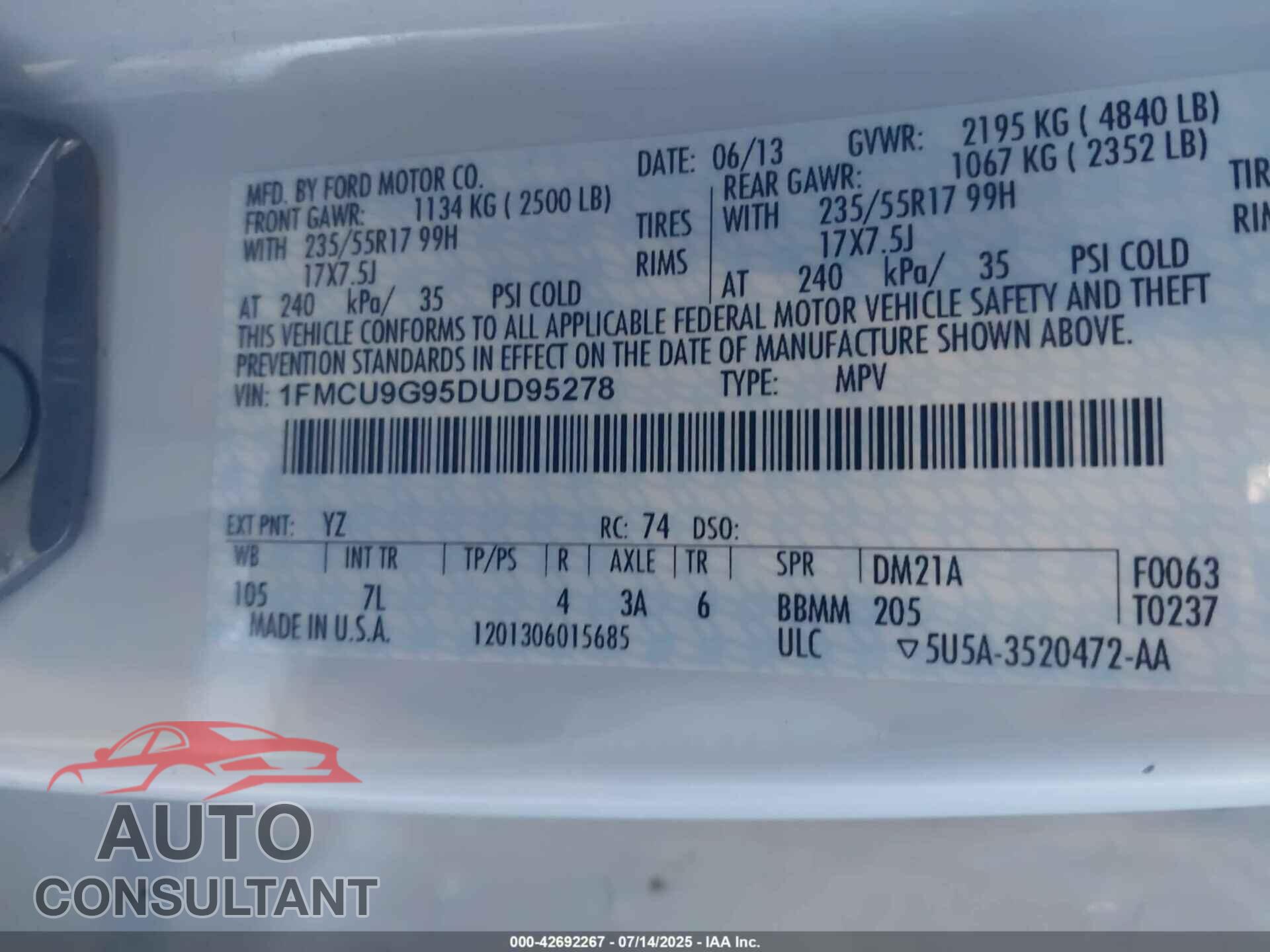FORD ESCAPE 2013 - 1FMCU9G95DUD95278