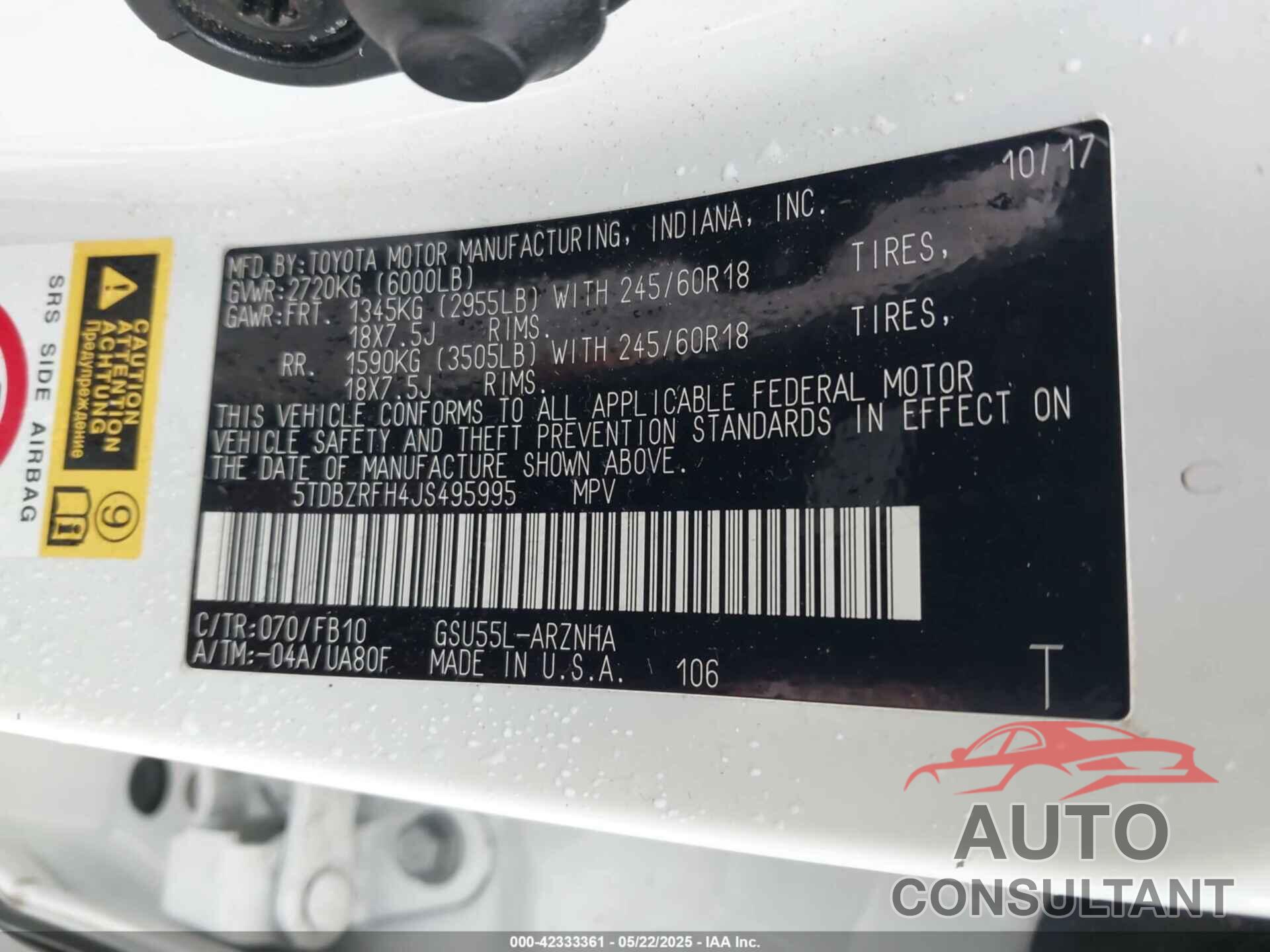TOYOTA HIGHLANDER 2018 - 5TDBZRFH4JS495995
