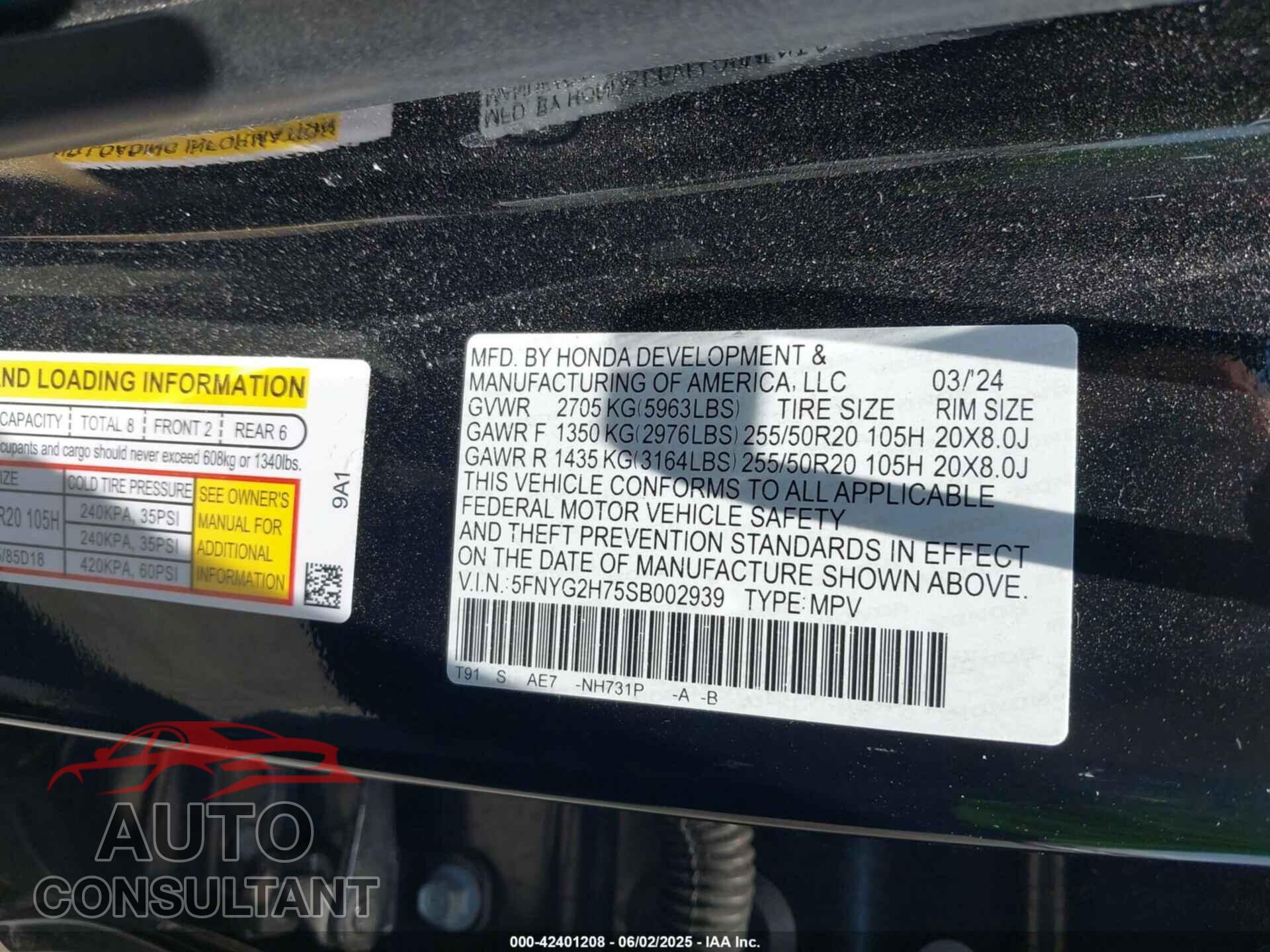 HONDA PILOT 2025 - 5FNYG2H75SB002939