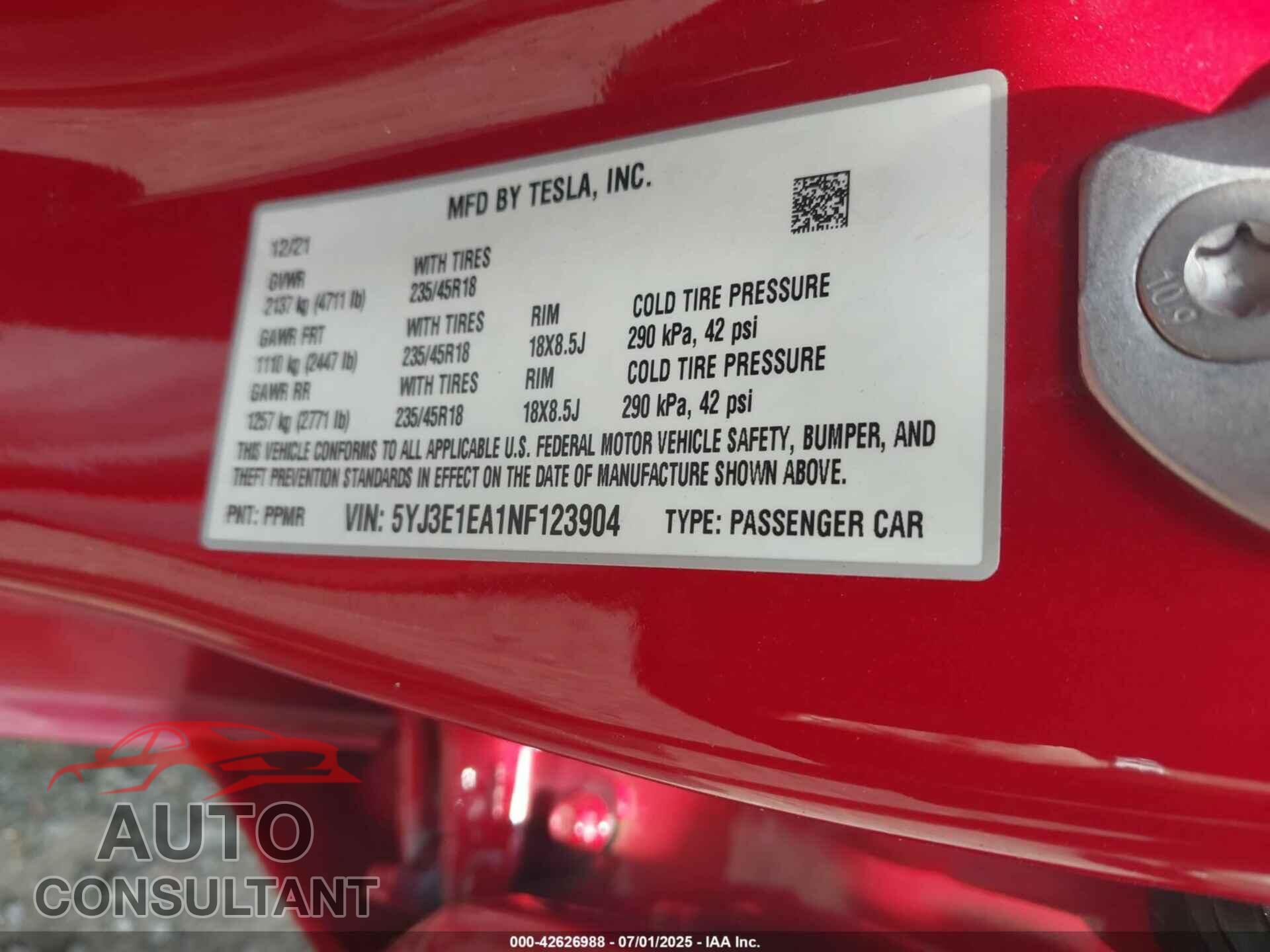 TESLA MODEL 3 2022 - 5YJ3E1EA1NF123904